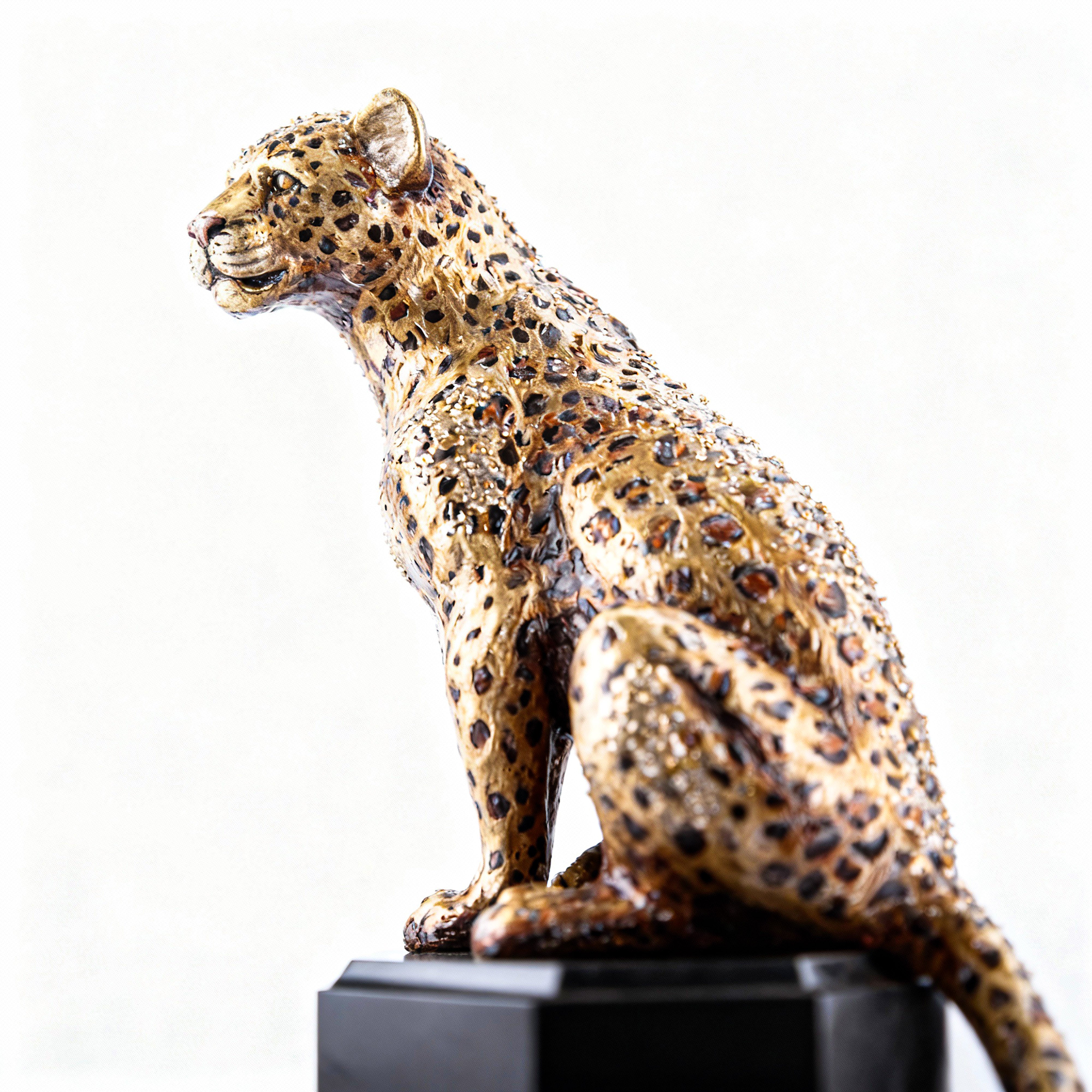 Jay Strongwater. Leopard Figurine Sitting on Marble Stand Studded with Swarovski. Limited Edition