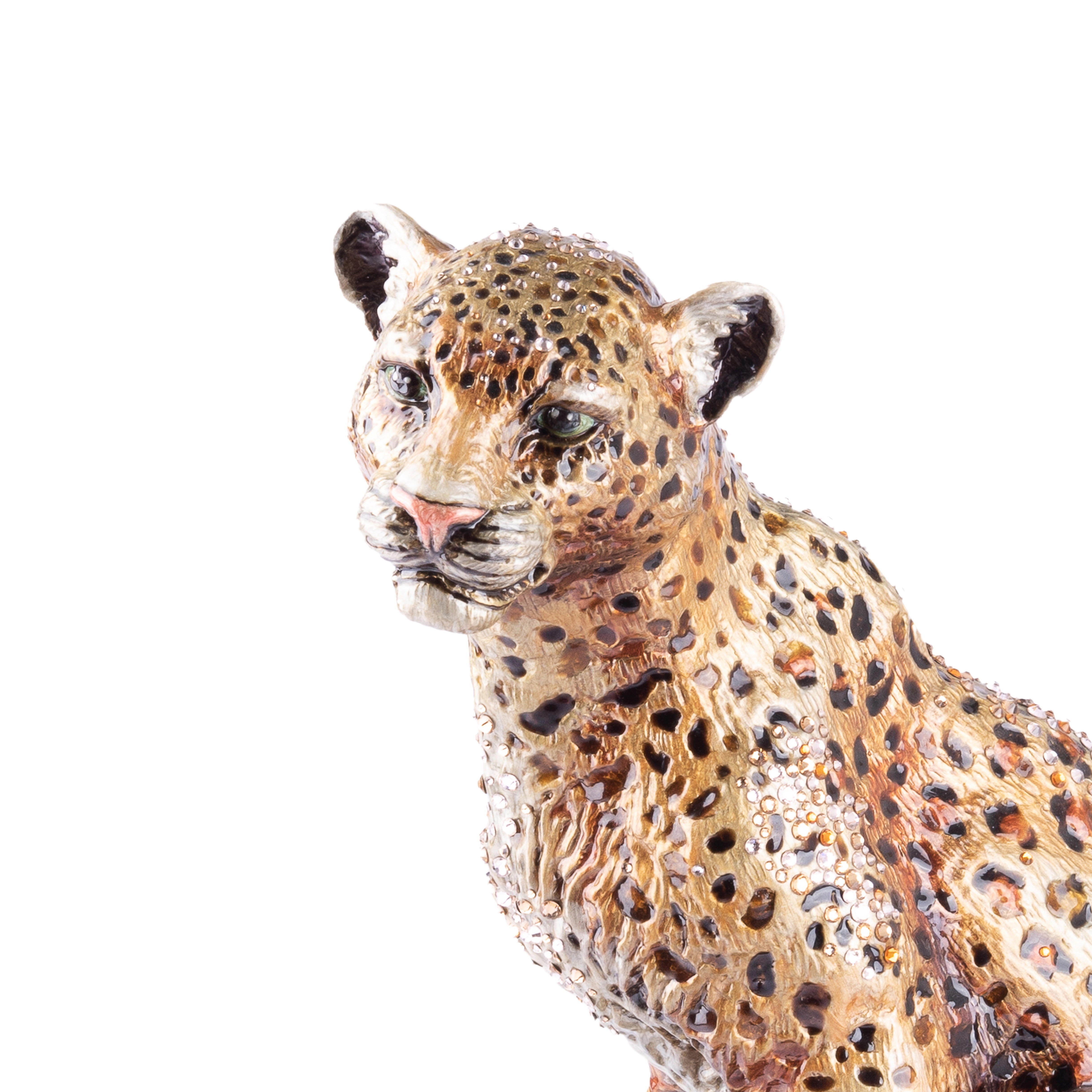 Jay Strongwater. Leopard Figurine Sitting on Marble Stand Studded with Swarovski. Limited Edition