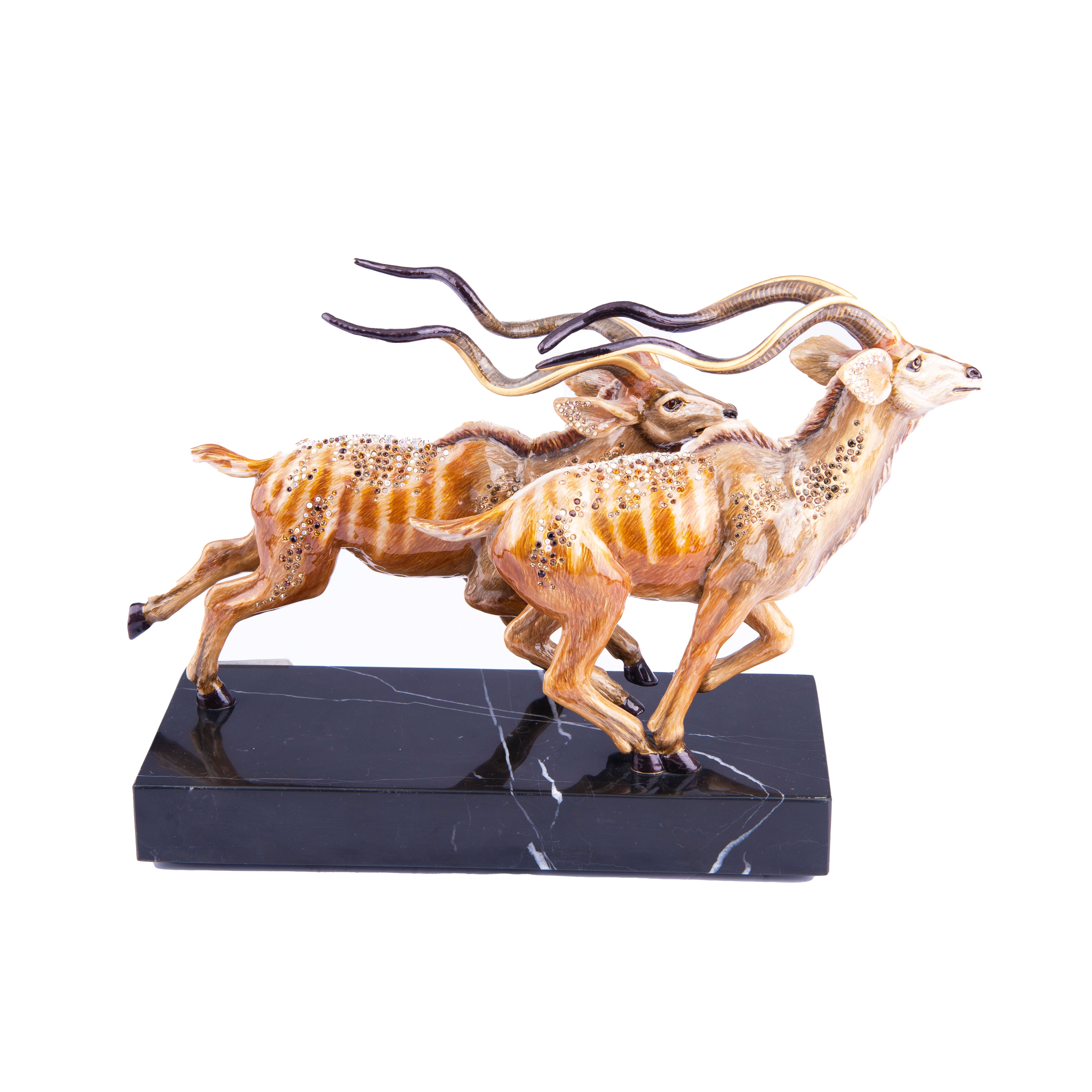 Jay Strongwater. Jewelled Gazelles Figurine on a Marble Base Studded with Swarovski