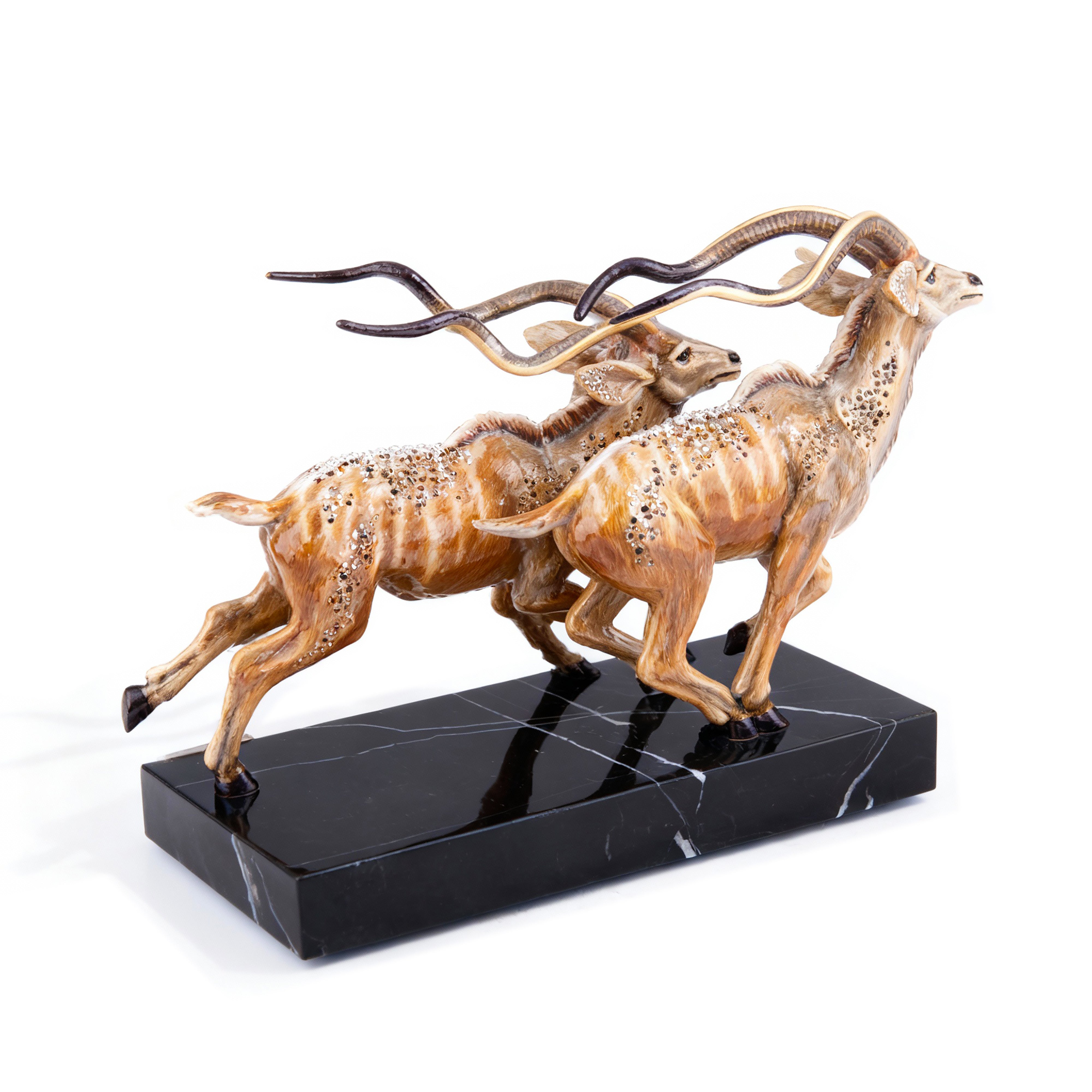 Jay Strongwater. Jewelled Gazelles Figurine on a Marble Base Studded with Swarovski