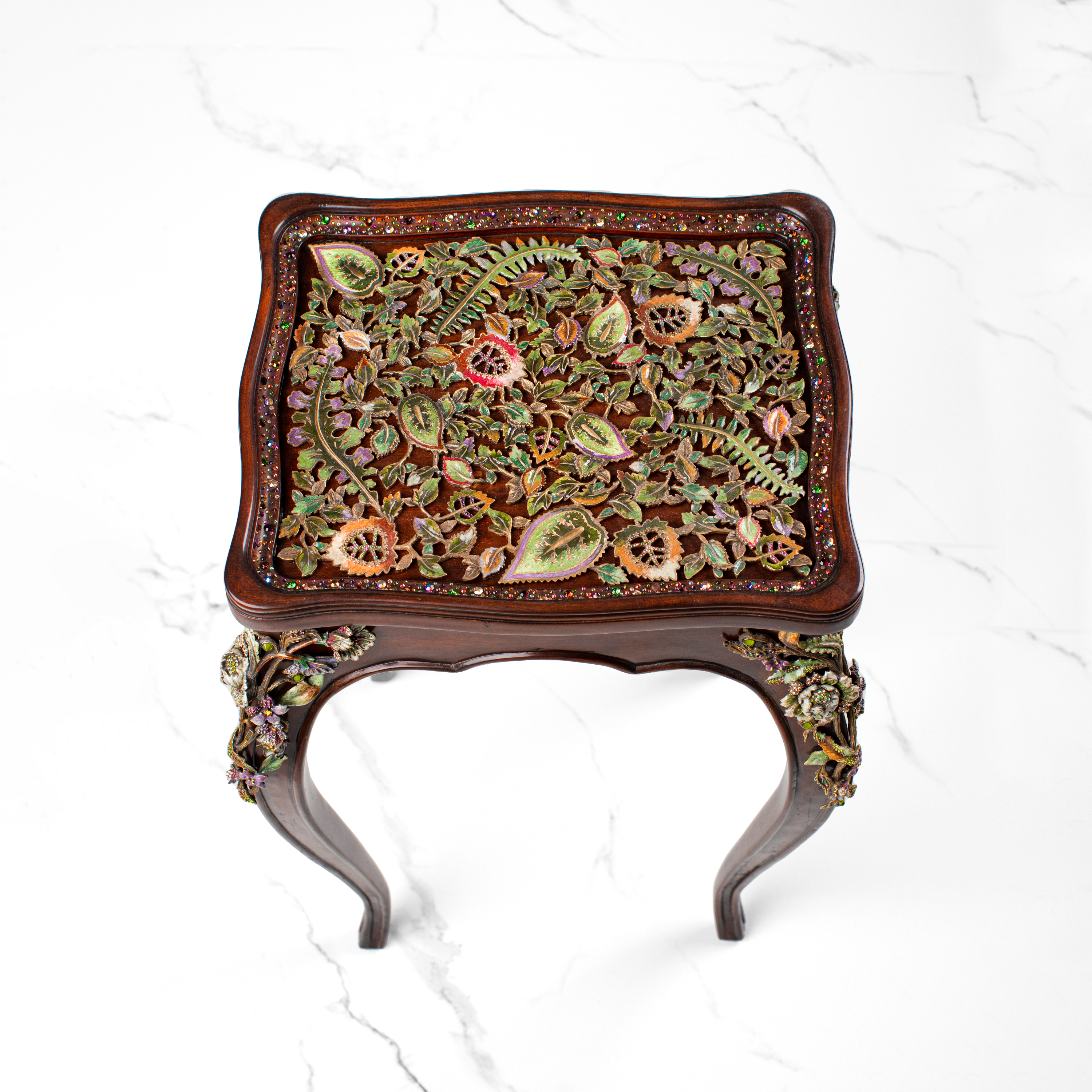 Jay Strongwater. Vine and Floral Accent Wooden Side Table Studded with Swarovski