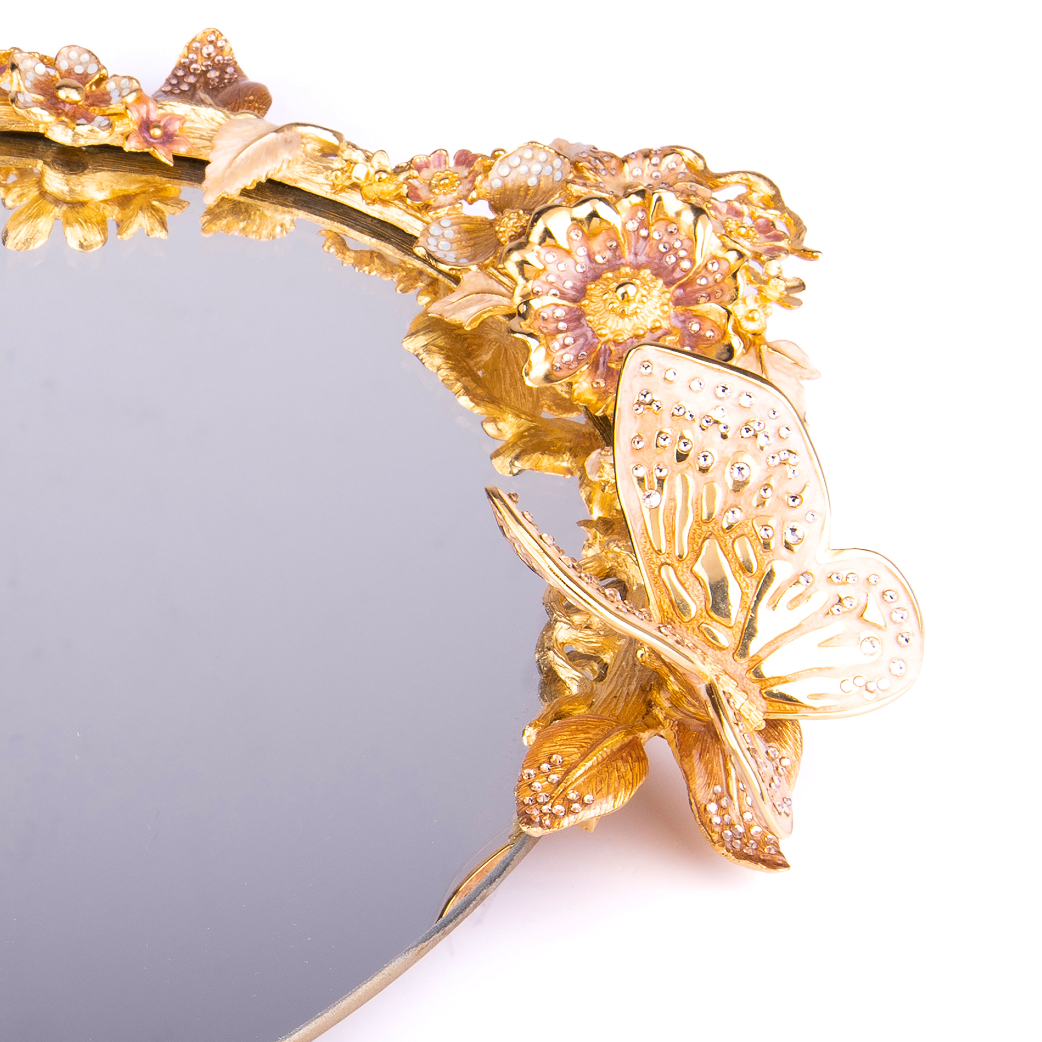 Jay Strongwater. Gilded Tray With Floral Handles Studded with Swarovski