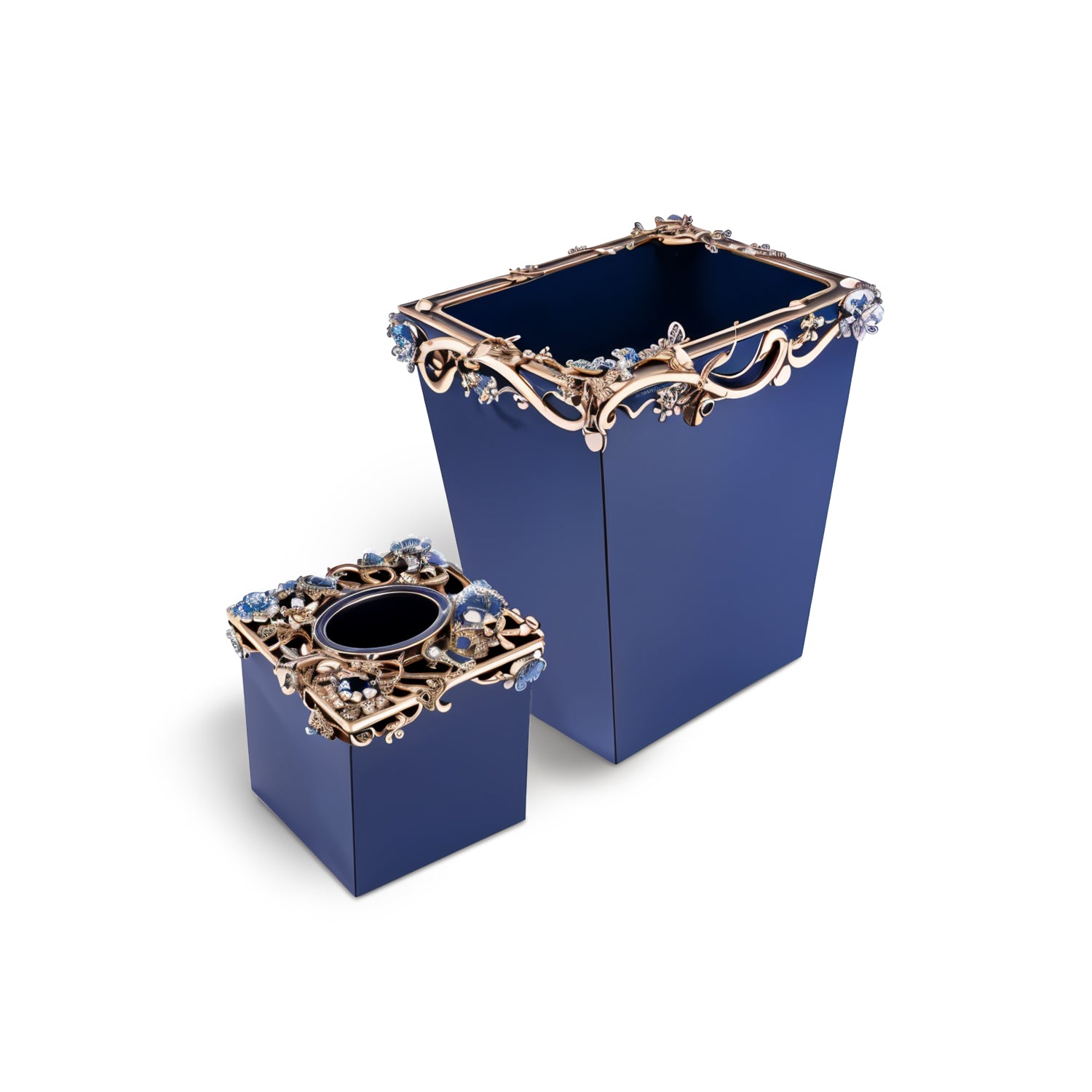 Jay Strongwater. A set of Devon Floral Wastebasket & Tissue Box Studded with Swarovski