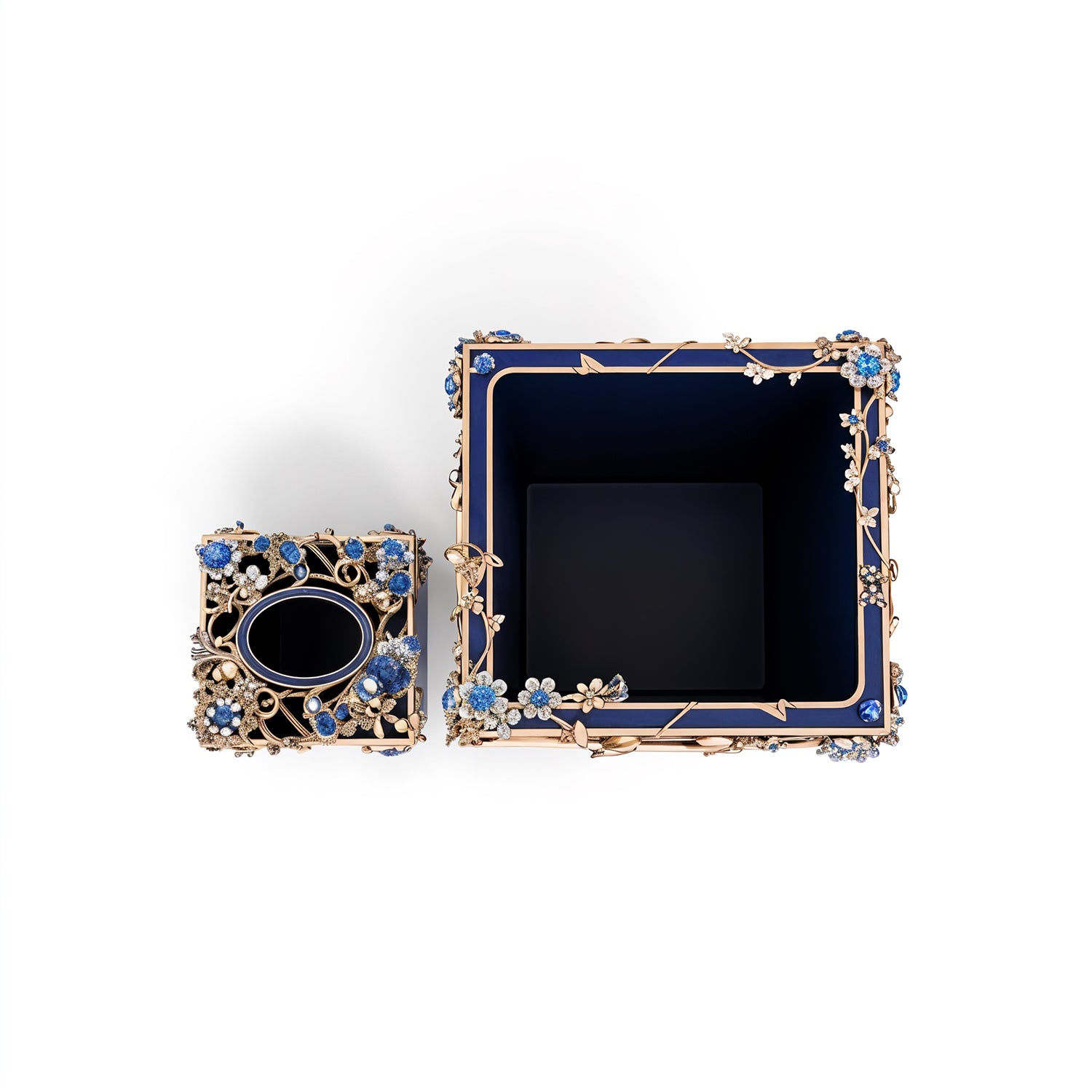 Jay Strongwater. A set of Devon Floral Wastebasket & Tissue Box Studded with Swarovski