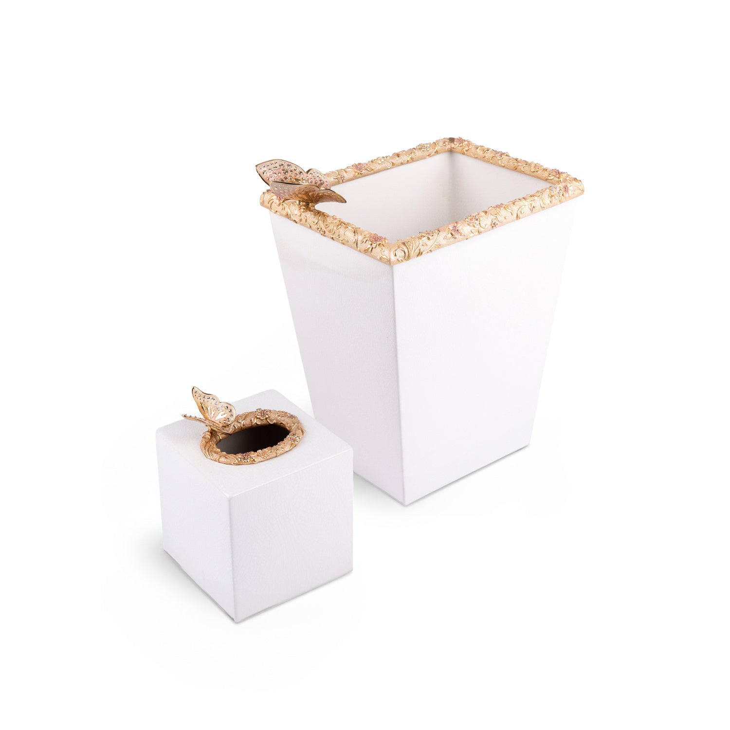 jay strongwater. farah butterfly & floral set of wastebasket & tissue box studded with swarovski