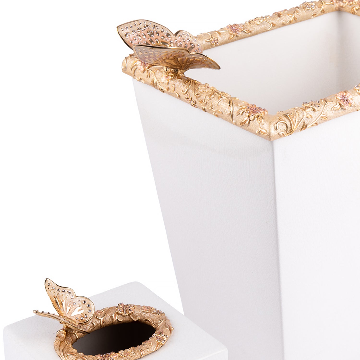 jay strongwater. farah butterfly & floral set of wastebasket & tissue box studded with swarovski
