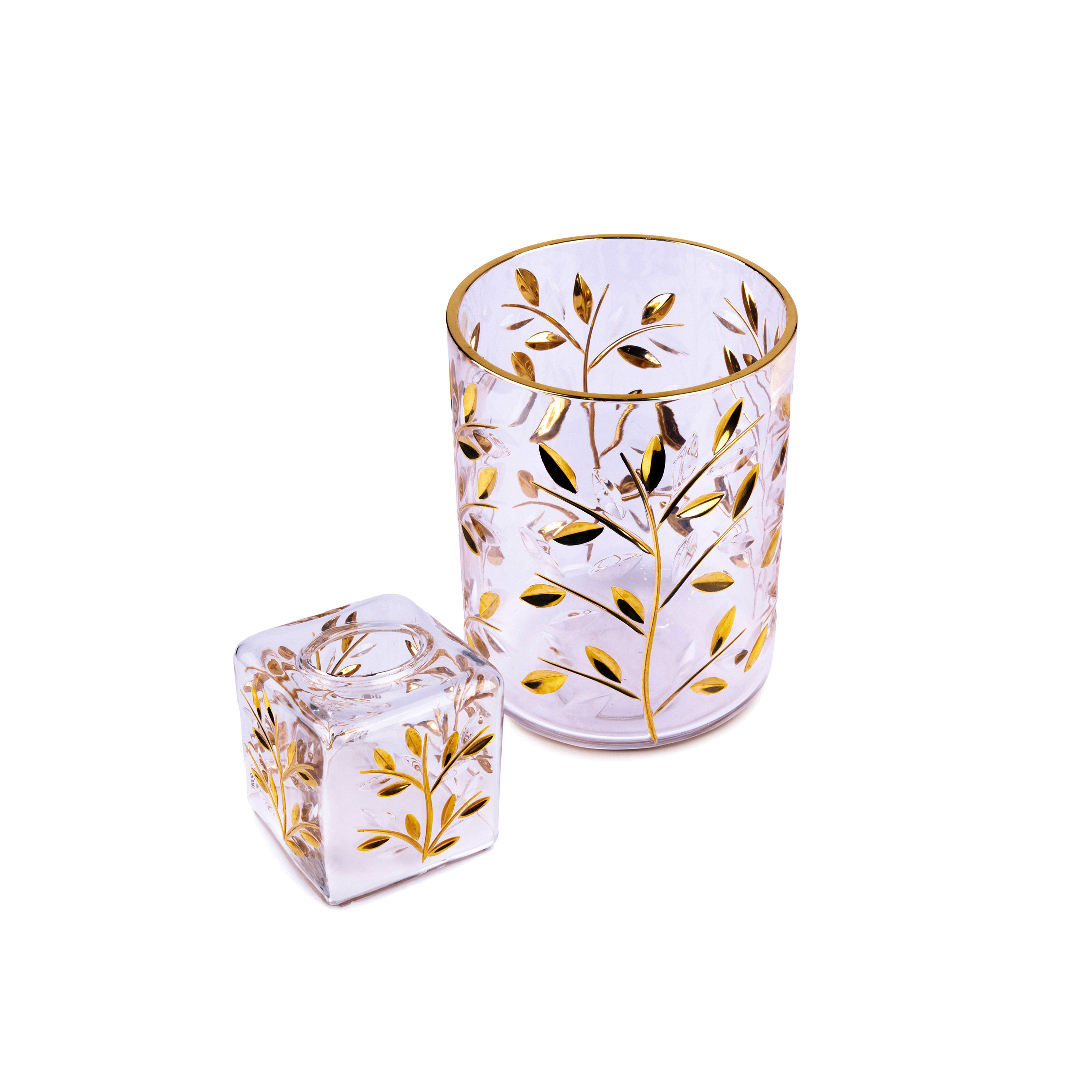 Labrazel. Set of Crystal Wastebasket & Tissue Box Designed in Gold Leaves