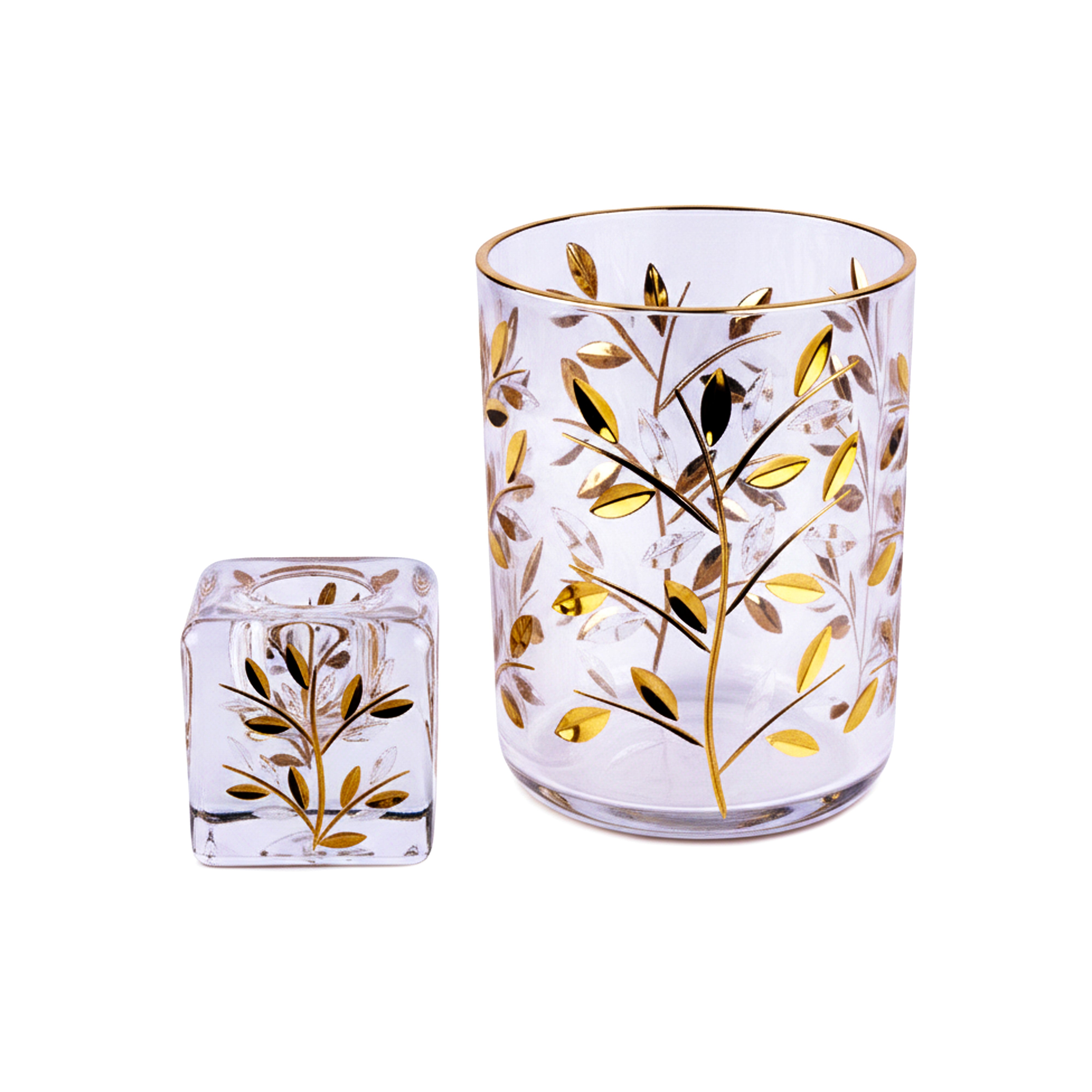 Labrazel. Set of Crystal Wastebasket & Tissue Box Designed in Gold Leaves