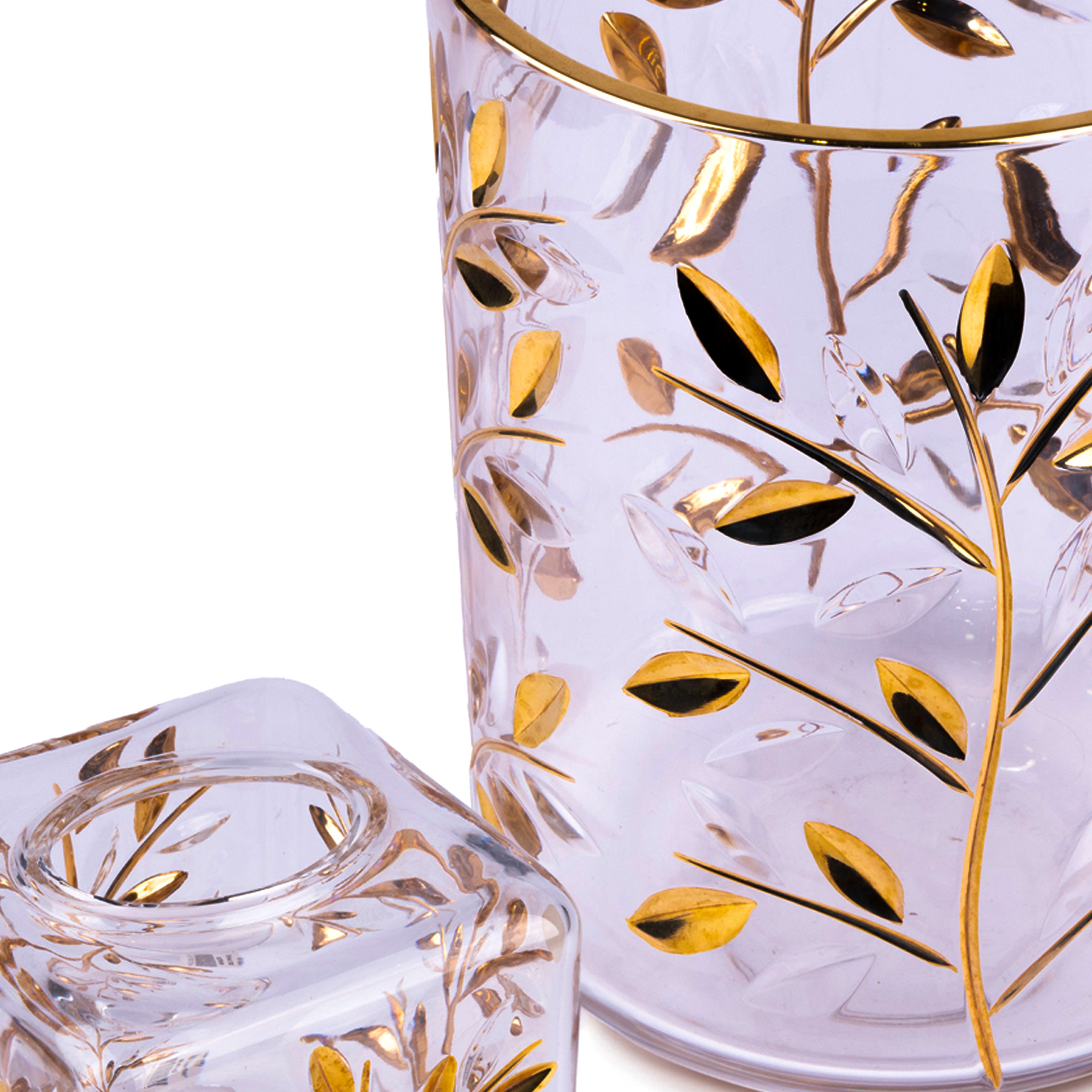 Labrazel. Set of Crystal Wastebasket & Tissue Box Designed in Gold Leaves