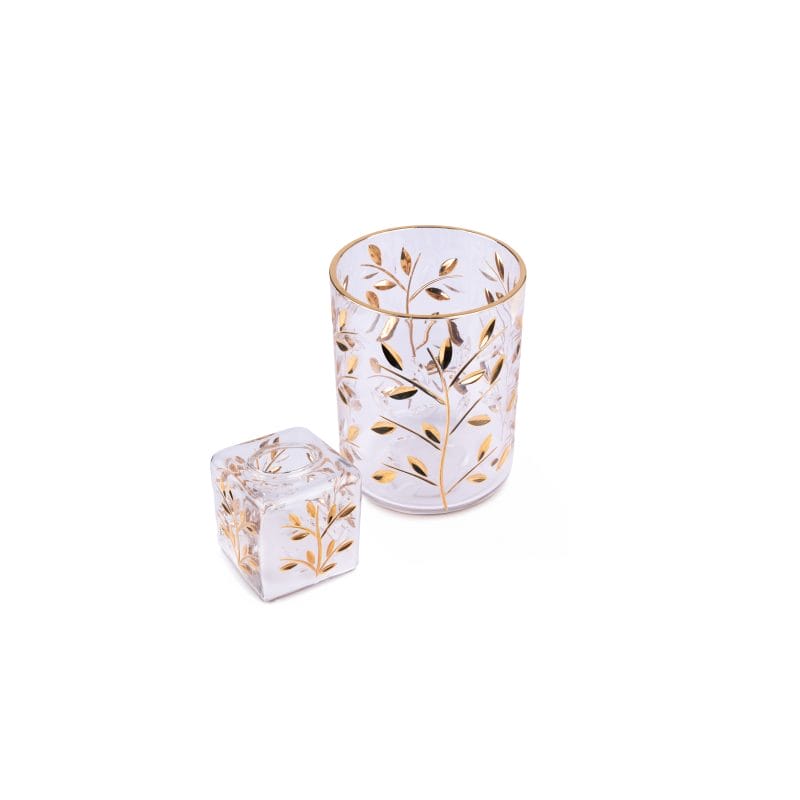 Labrazel. Set of Crystal Wastebasket & Tissue Box Designed in Gold Leaves