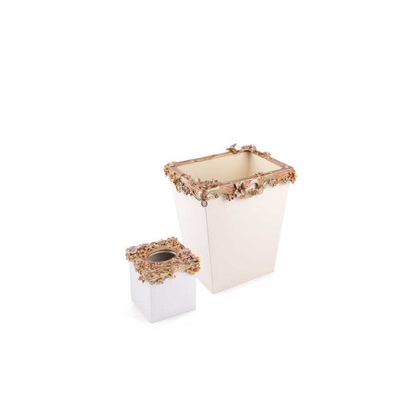 Jay Strongwater. A Set of "Devon" Floral Scroll Tissue Box & Waste Basket