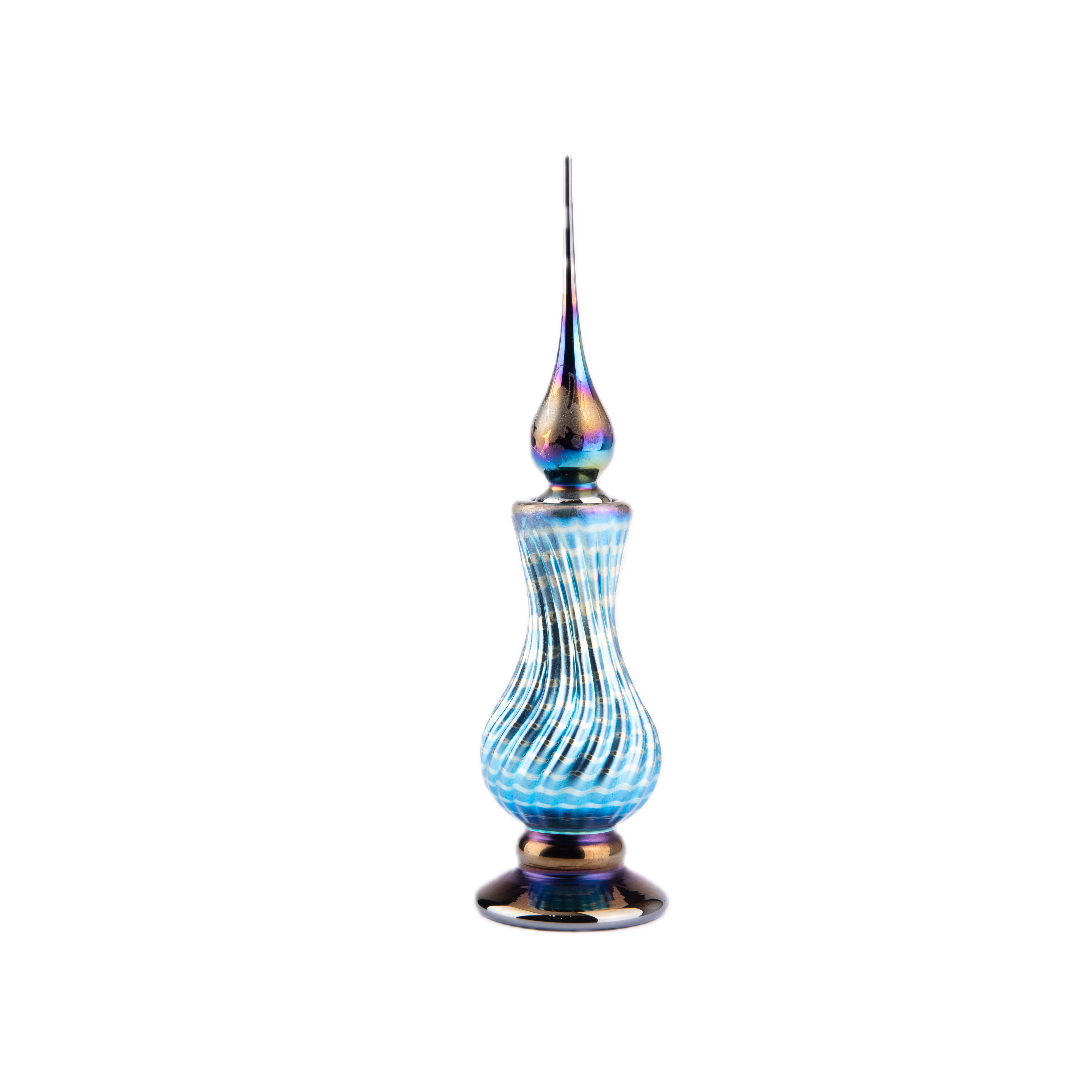 Abelman Glass Art. Tall Perfume Bottle Designed with Blue Shimmering Swirls. 25 ML