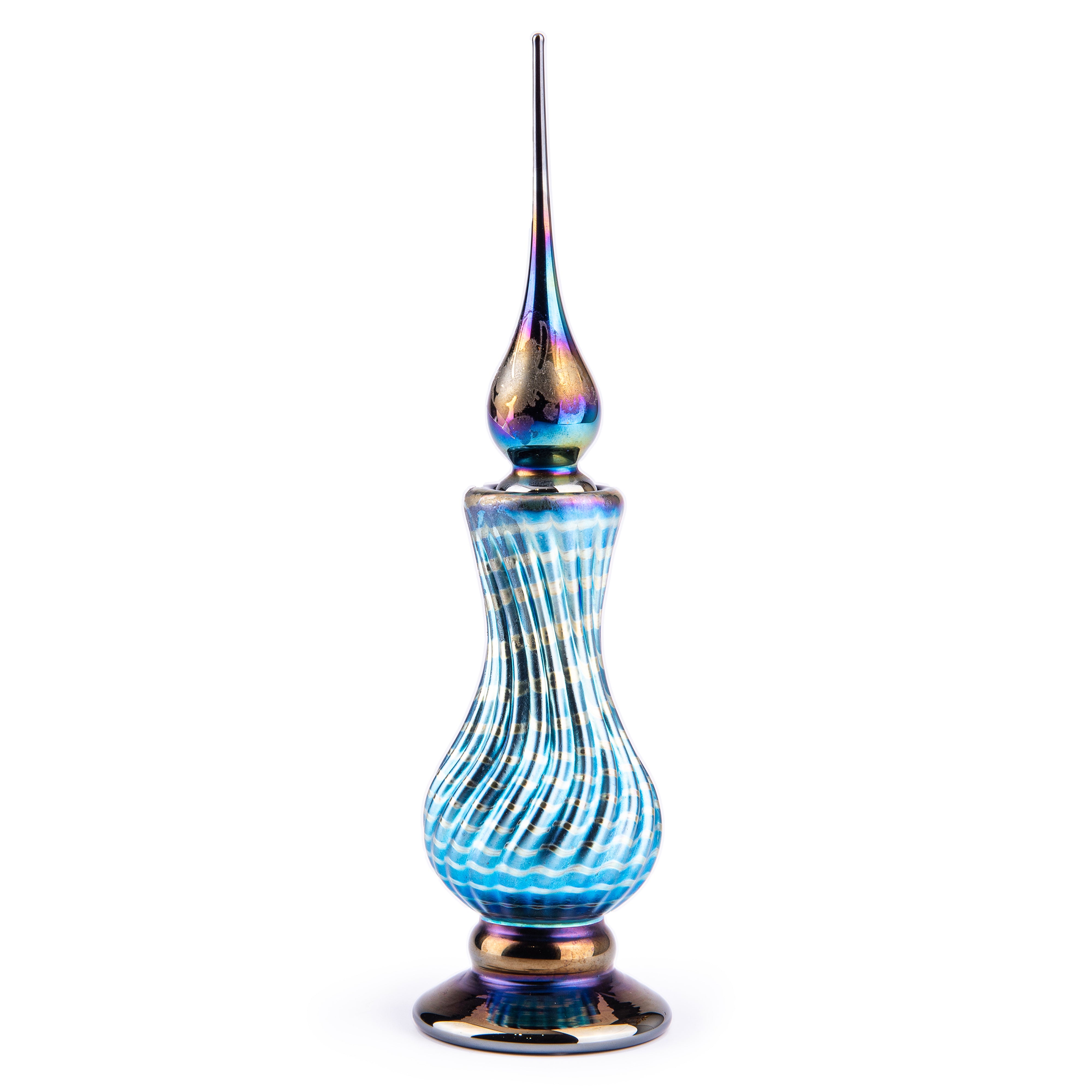 Abelman Glass Art. Tall Perfume Bottle Designed with Blue Shimmering Swirls. 25 ML