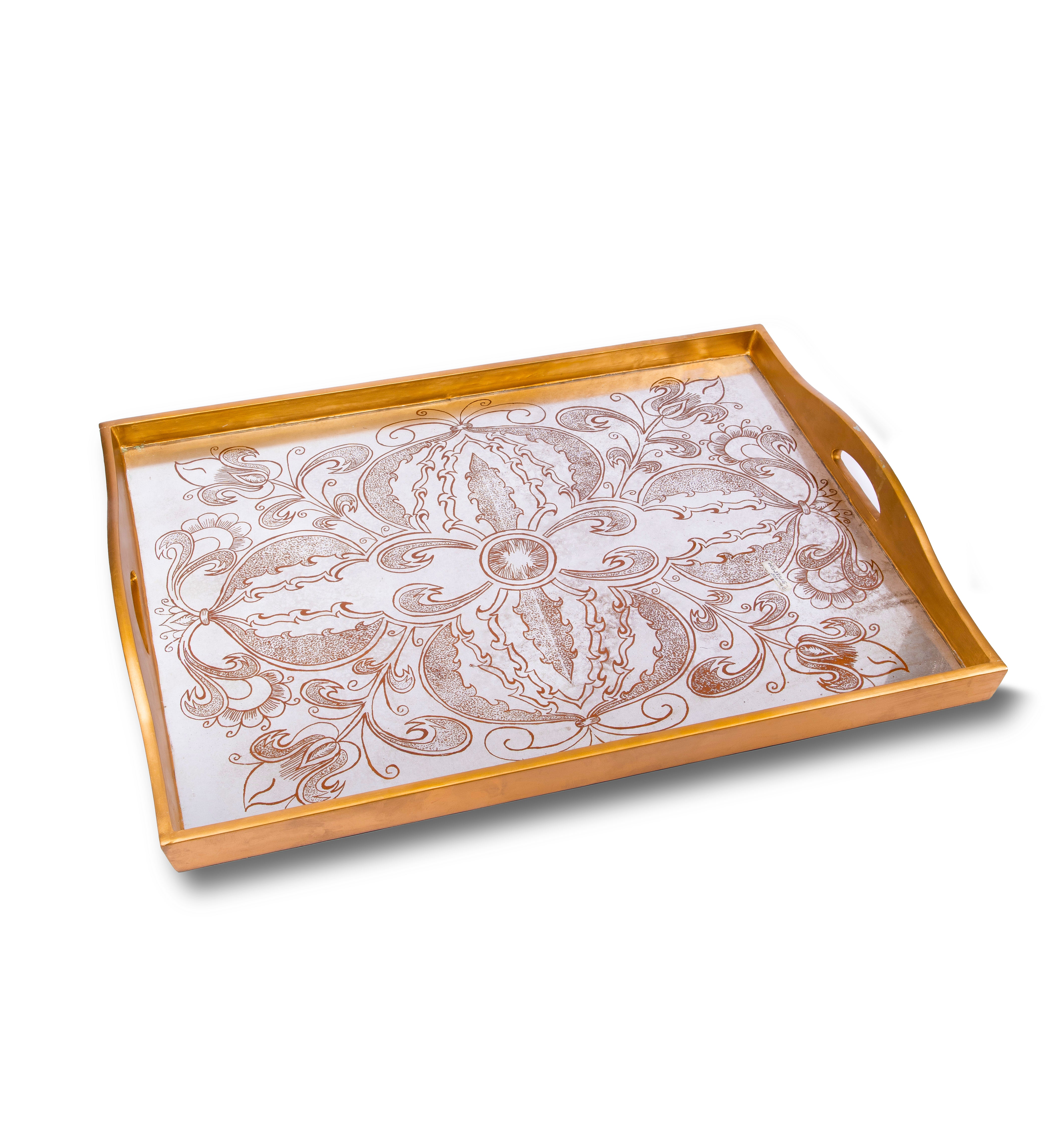 Robert M. Weiss Presents. Gold Serving Tray in Mandala Pattern