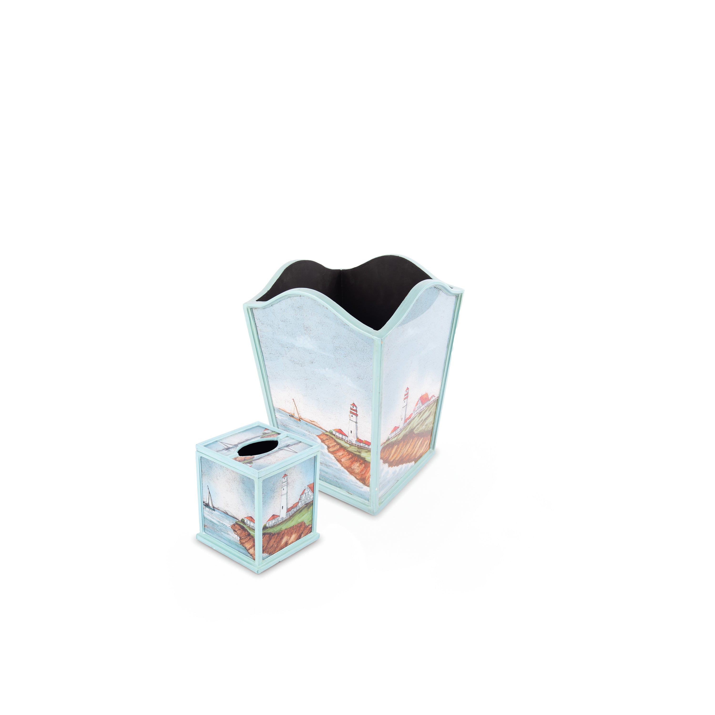 Robert M. Weiss Presents. A Set of Wastebasket & Tissue Box with Lighthouse Design