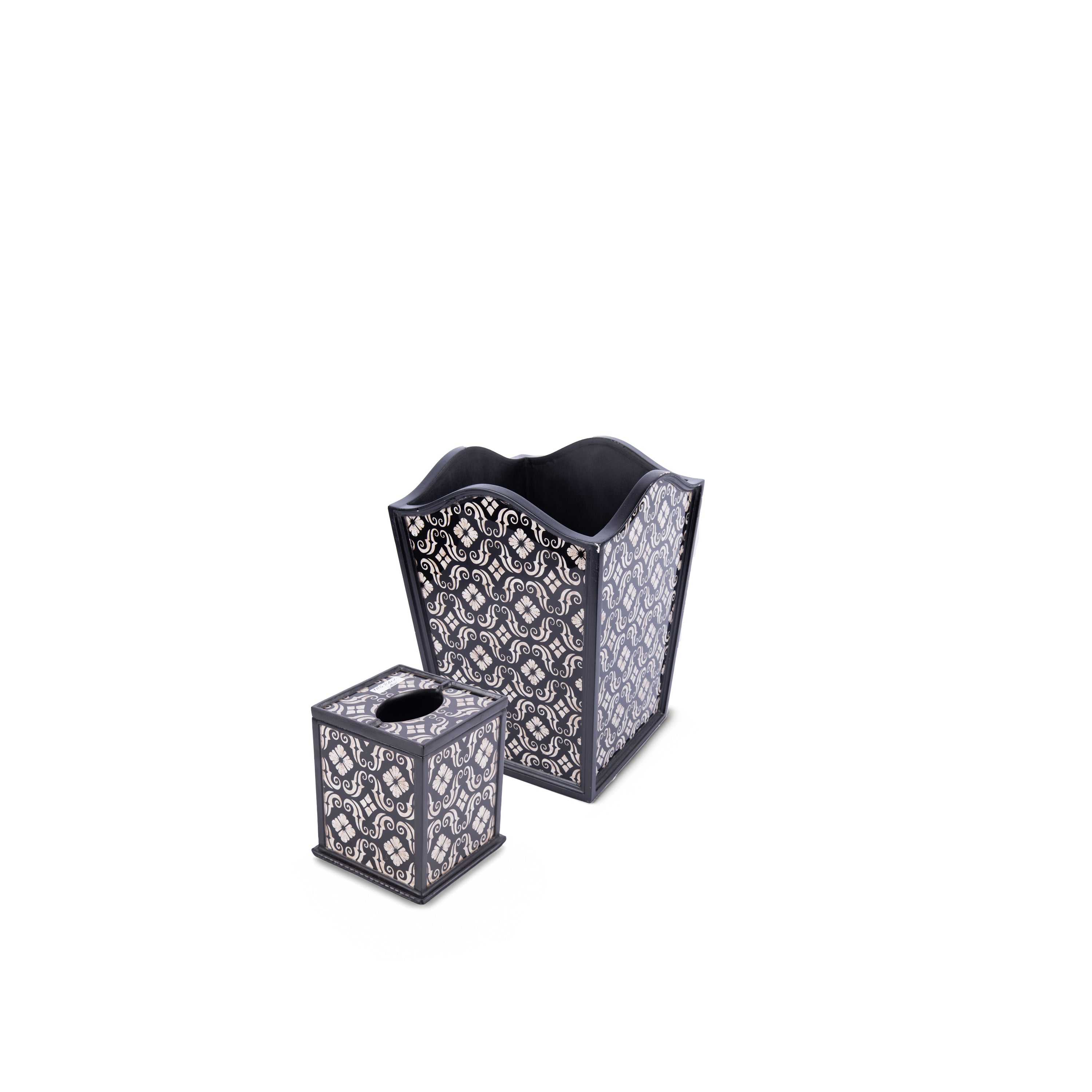 Robert M. Weiss Presents. A Set of Wastebasket & Tissue Box in Black & White Pattern