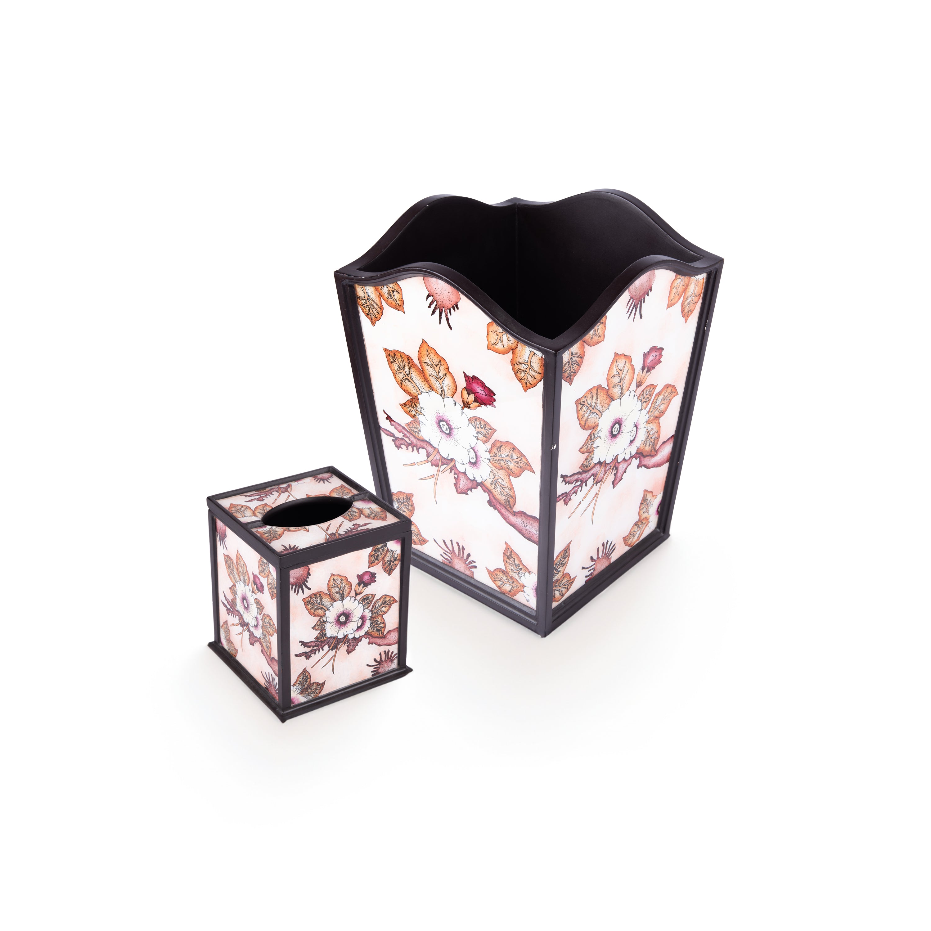 Robert M. Weiss Presents. A Set of Wastebasket & Tissue Box with Flower Design