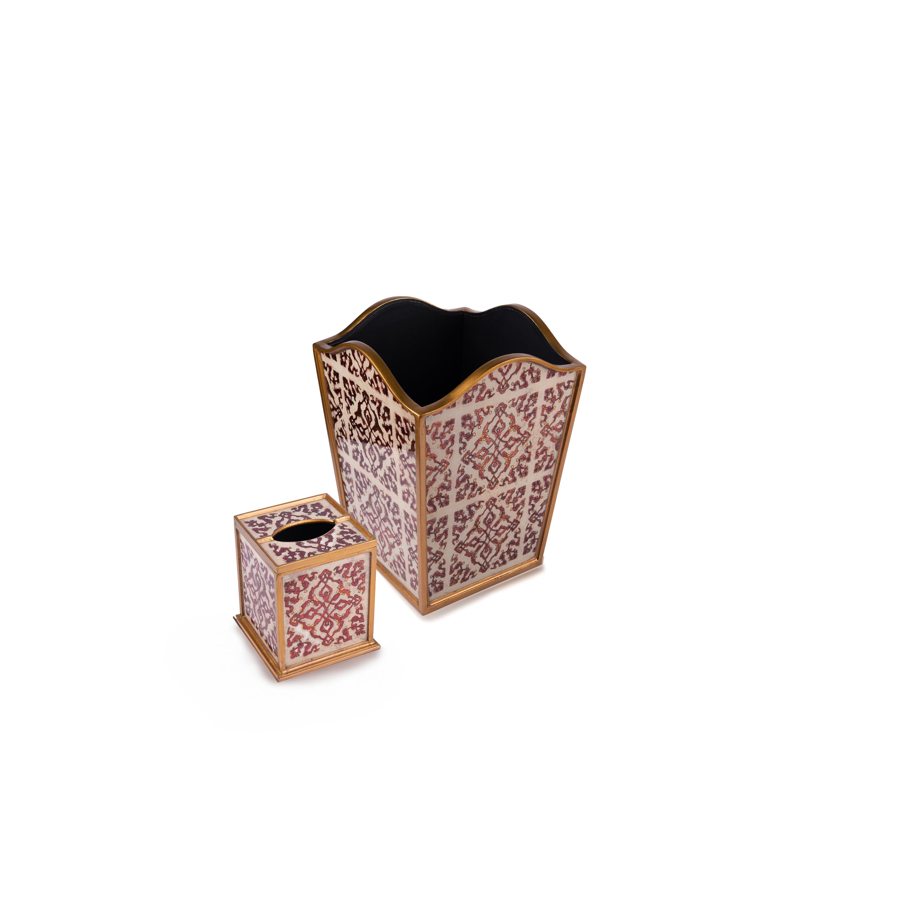 Robert M. Weiss Presents. A Set of Bronze Wastebasket & Tissue Box in Geometric Pattern