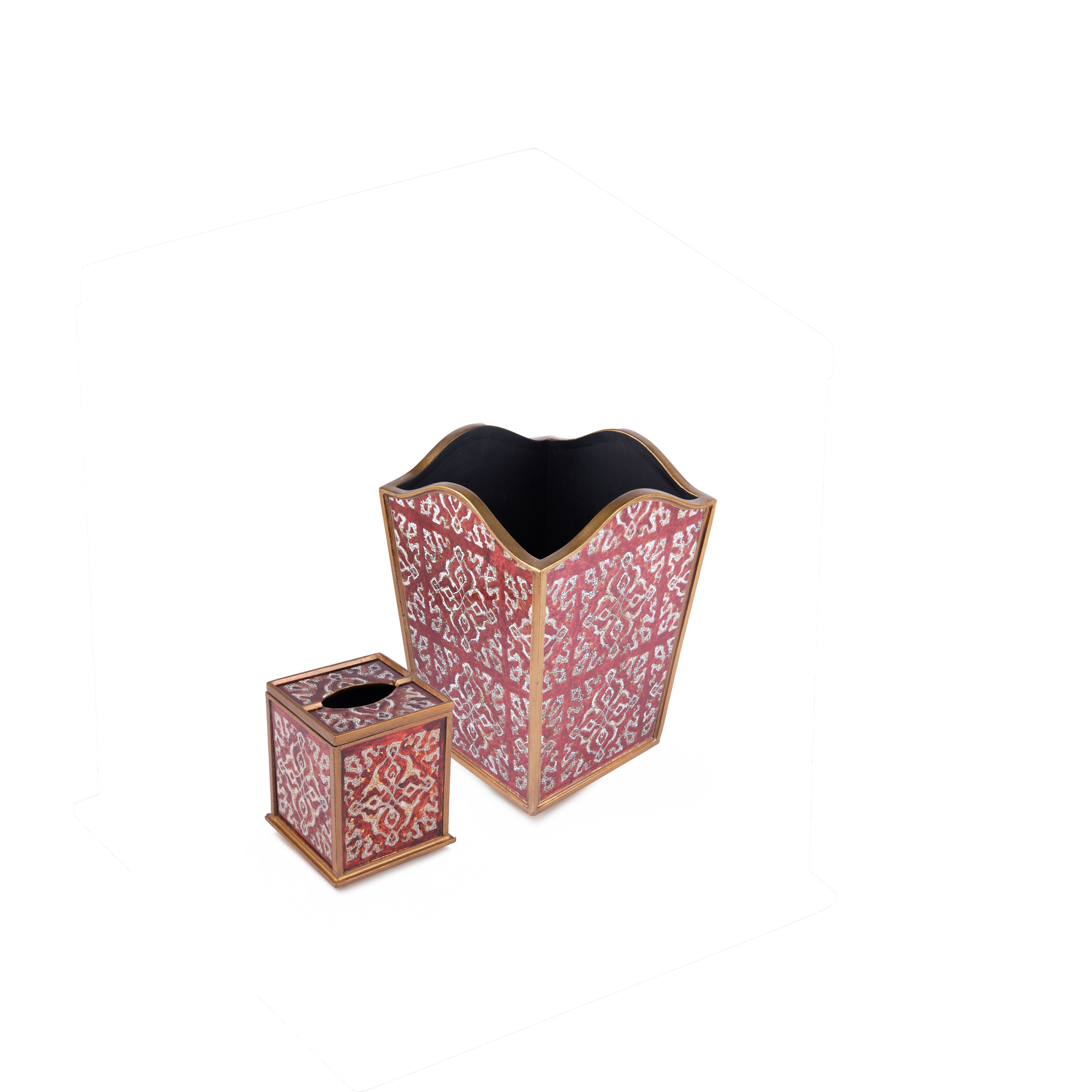 Robert M. Weiss Presents. A Set of Red Wastebasket & Tissue Box in Geometric Pattern