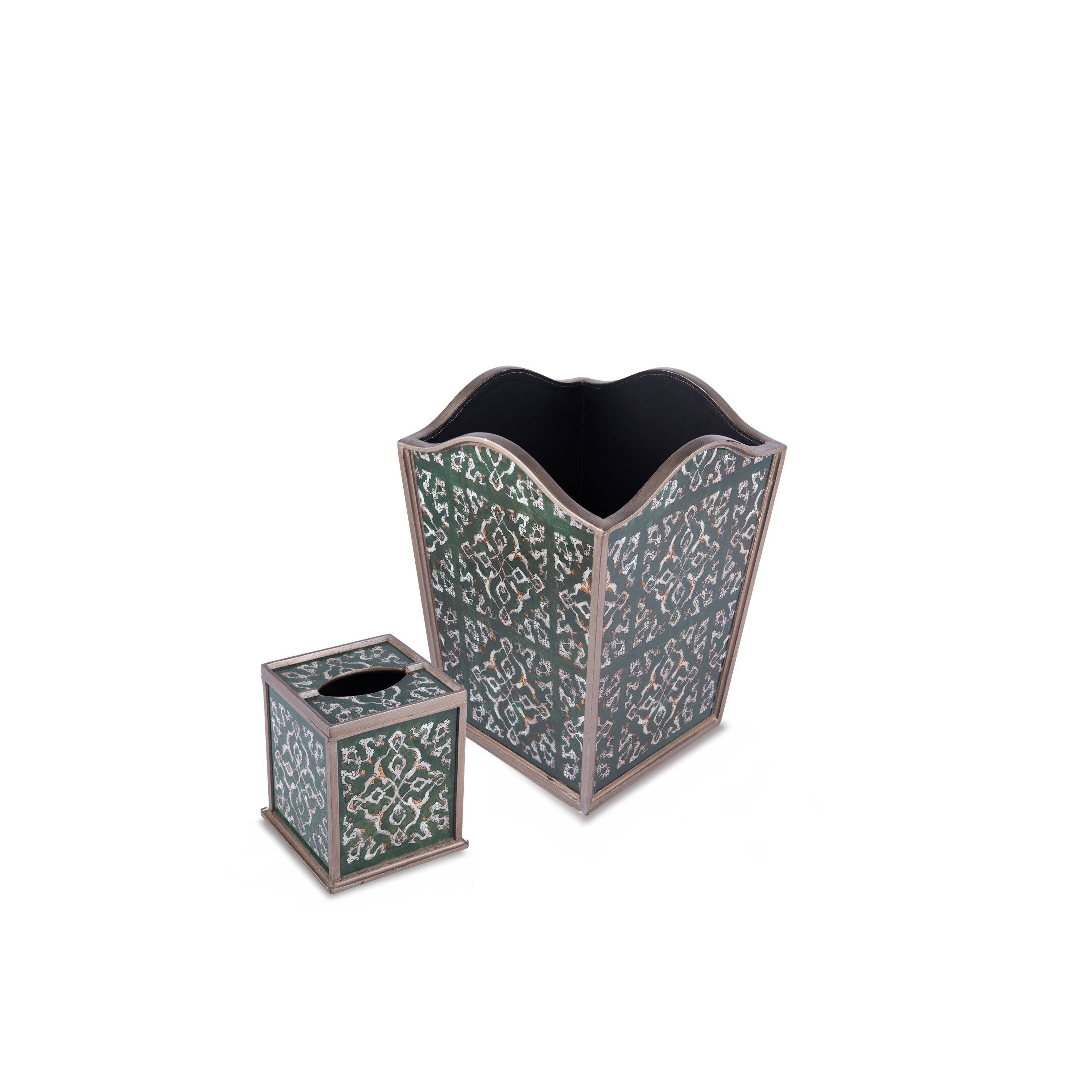 Robert M. Weiss Presents. A Set of Green Wastebasket & Tissue Box in Geometric Pattern