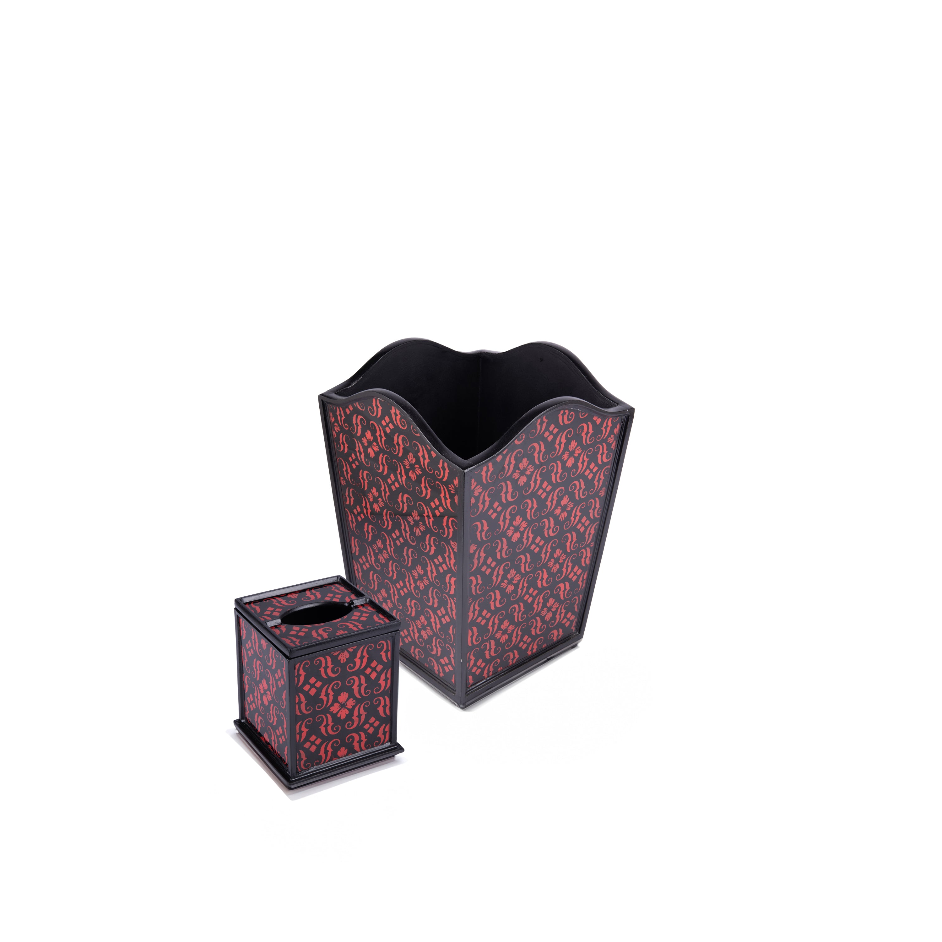 Robert M. Weiss Presents. A Set of Wastebasket & Tissue Box in Red & Black