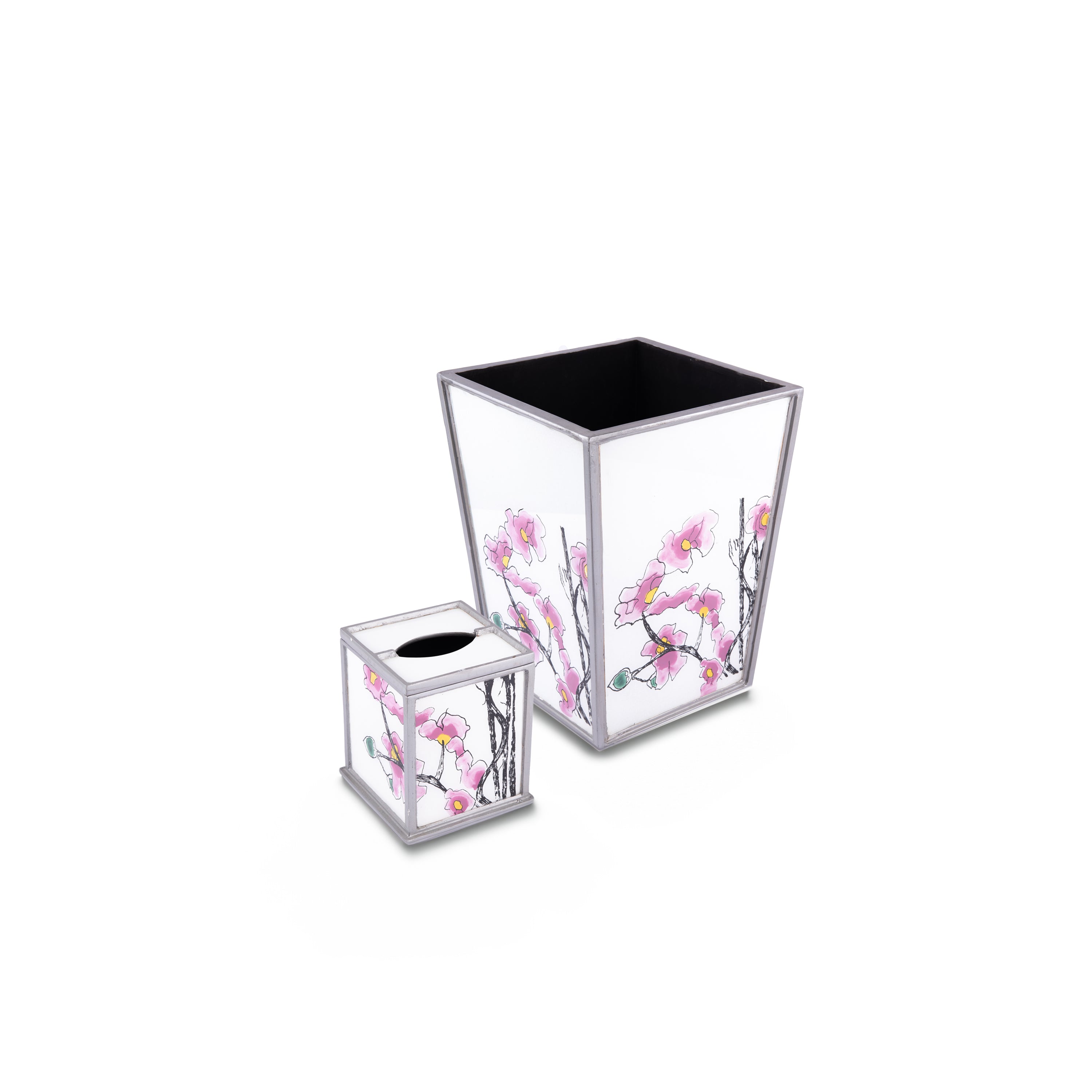 Robert M. Weiss Presents. A Set of White Wastebasket & Tissue Box in Flower Design