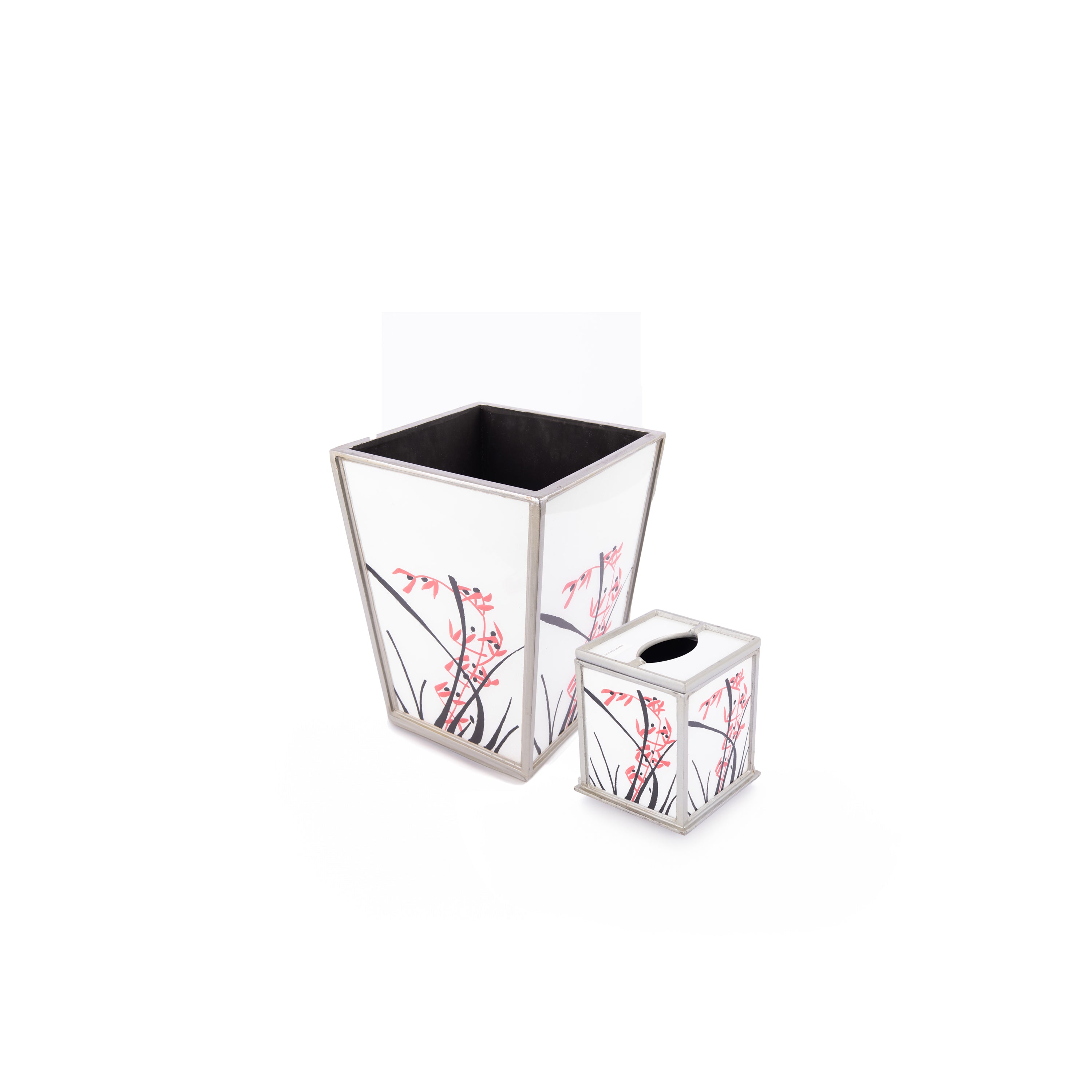 Robert M. Weiss Presents. A Set of White Wastebasket & Tissue Box in Branch Design