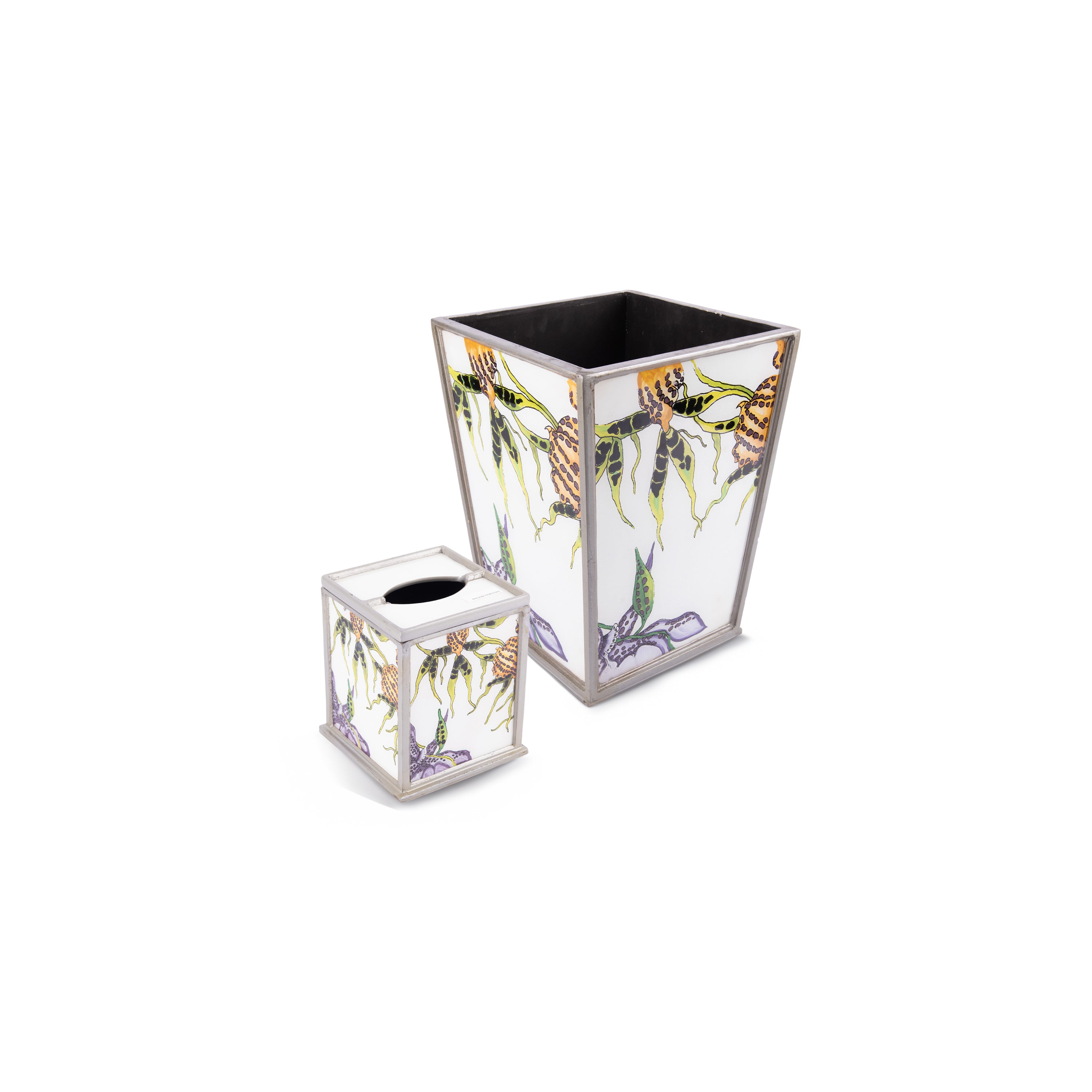 Robert M. Weiss Presents. A Set of White Wastebasket & Tissue Box in Tropical Floral Design