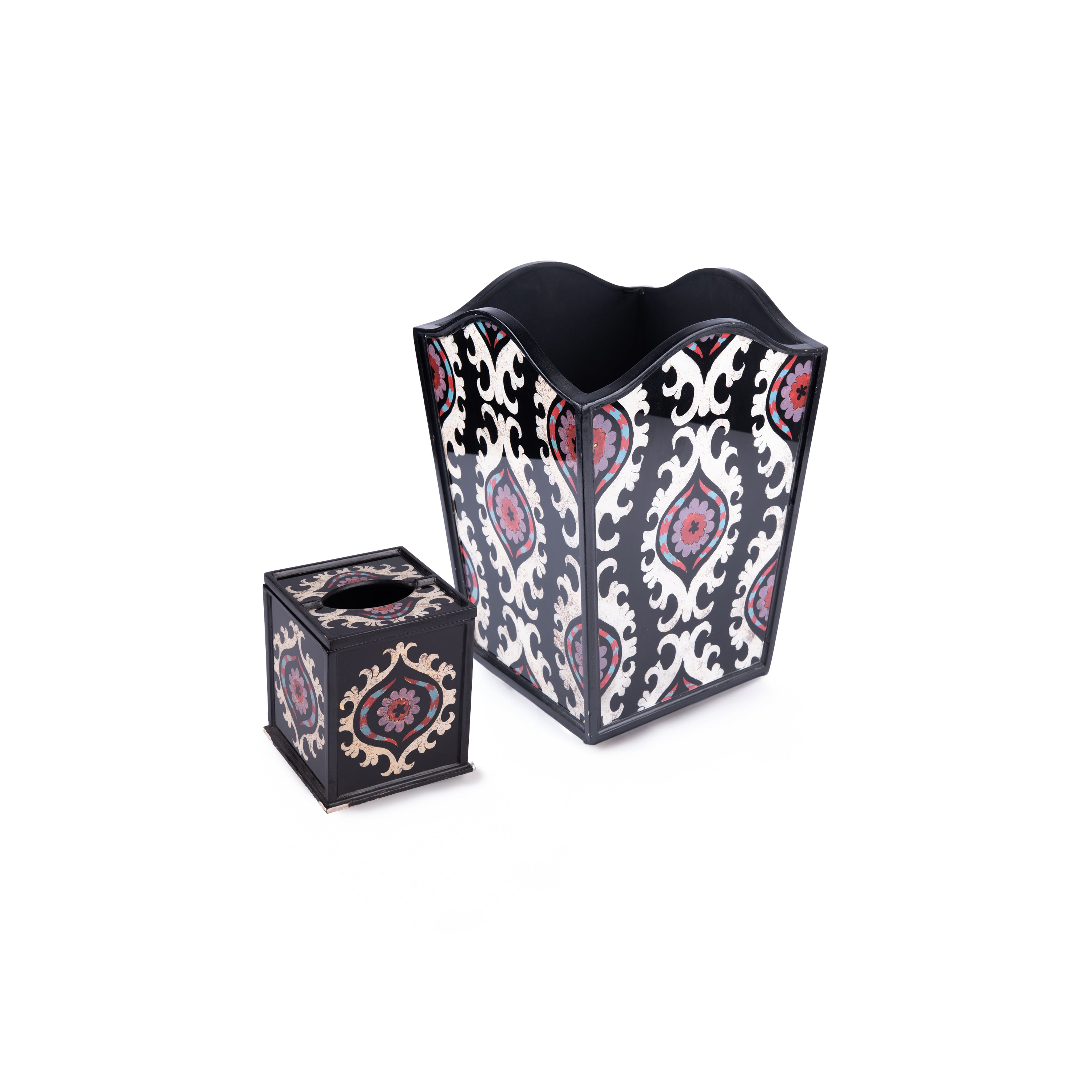 Robert M. Weiss Presents. A Set of Wastebasket & Tissue Box in Large Paisley Pattern