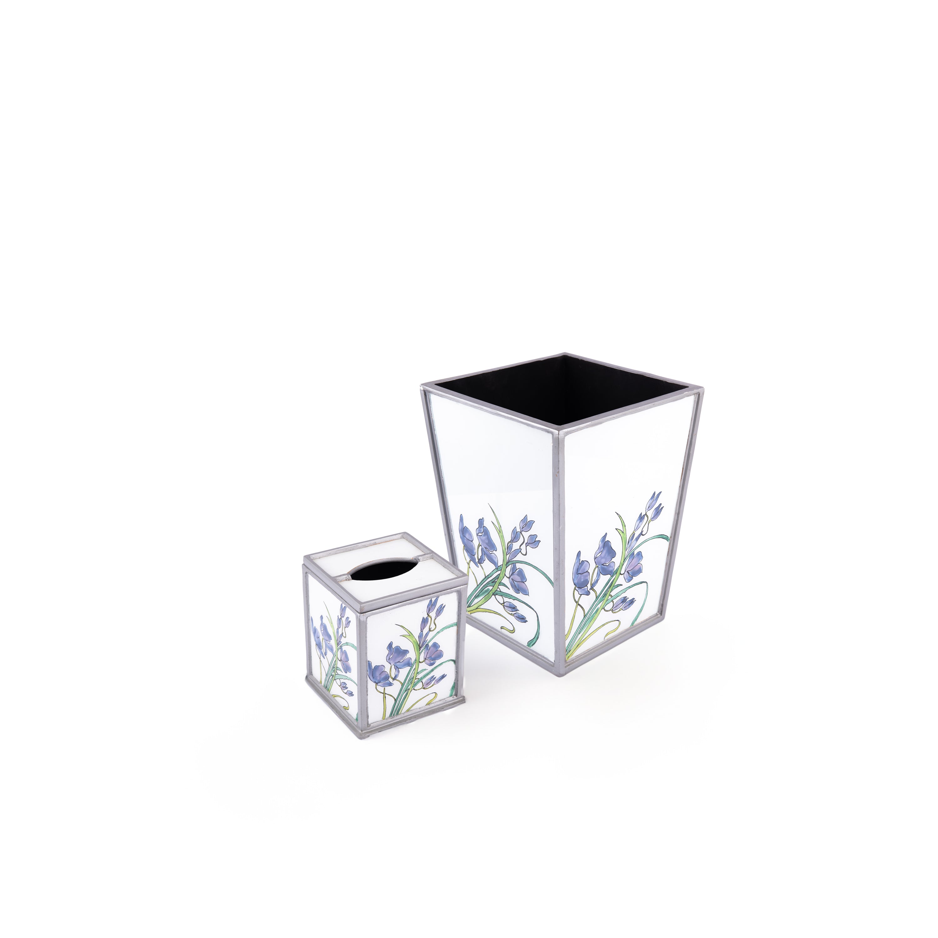 Robert M. Weiss Presents. A Set of White Wastebasket & Tissue Box in Blue Floral Design