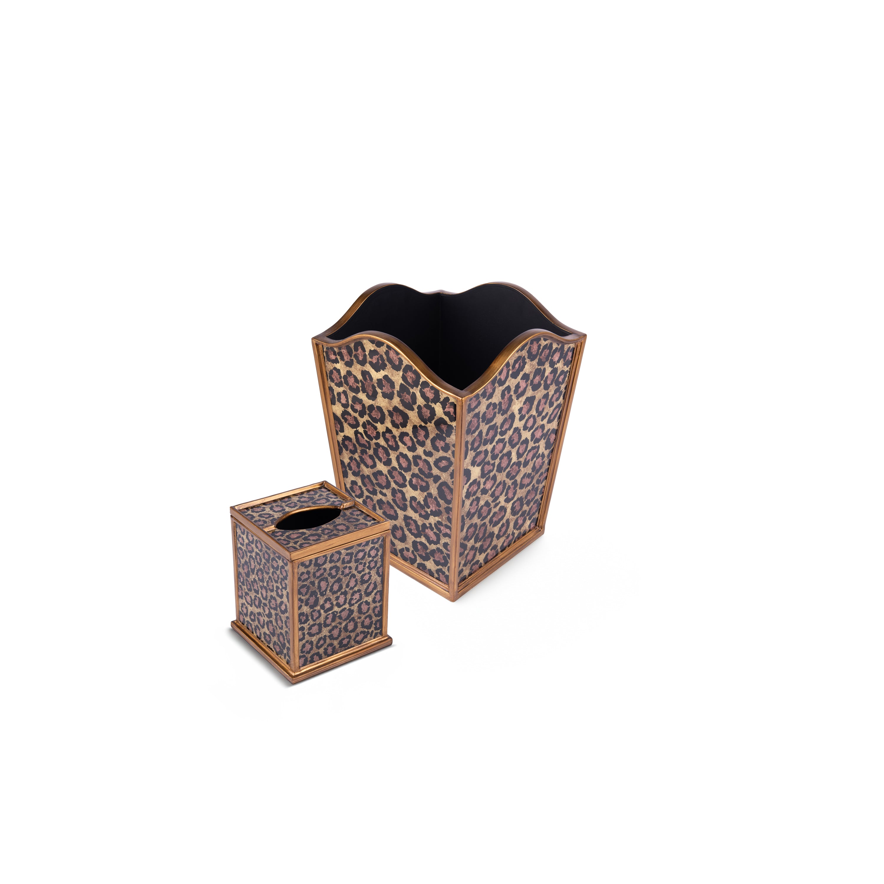 Robert M. Weiss Presents. A Set of Wastebasket & Tissue Box with Leopard Design
