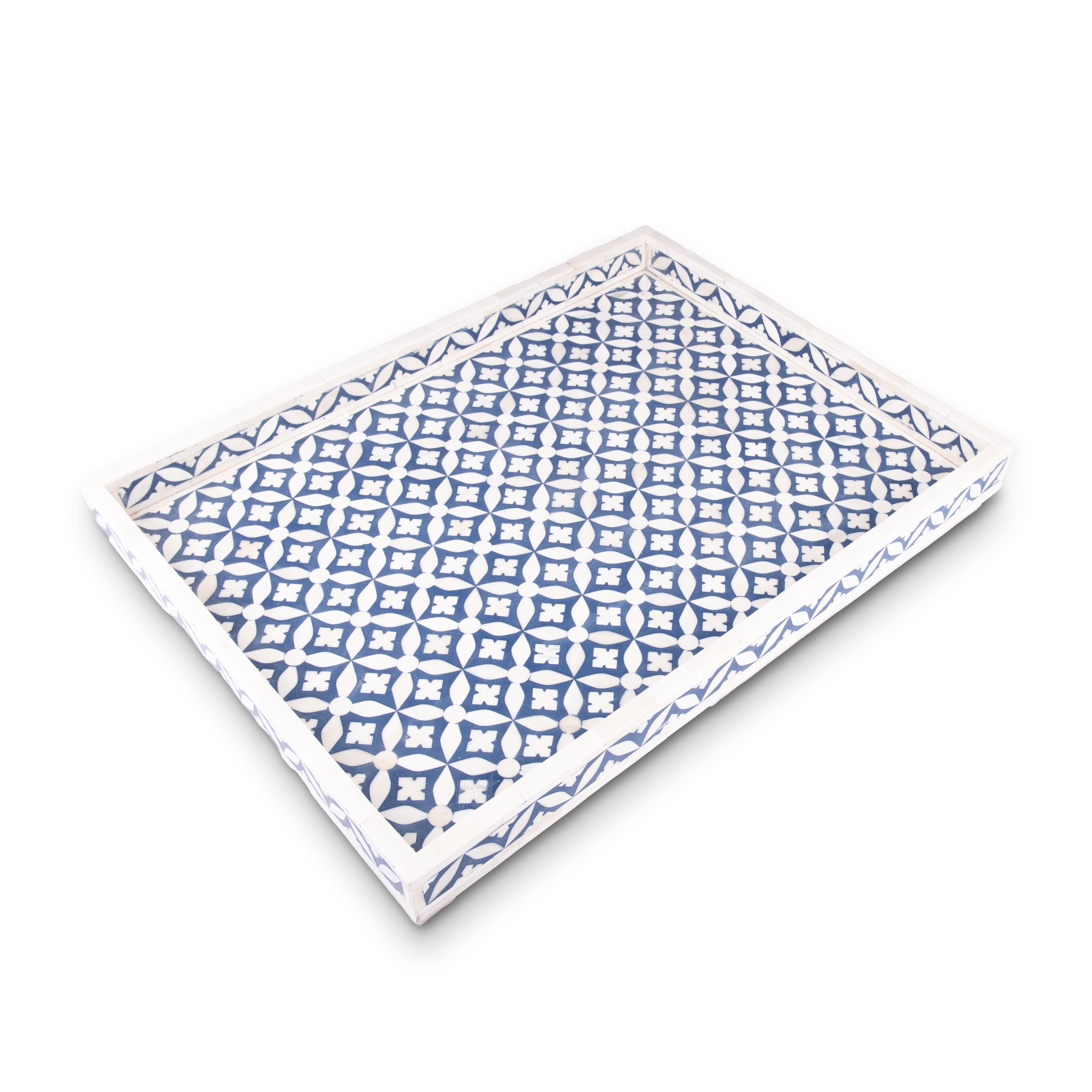 Bojay. Blue & White Decorative Tray in Bone & Wood. Large Size