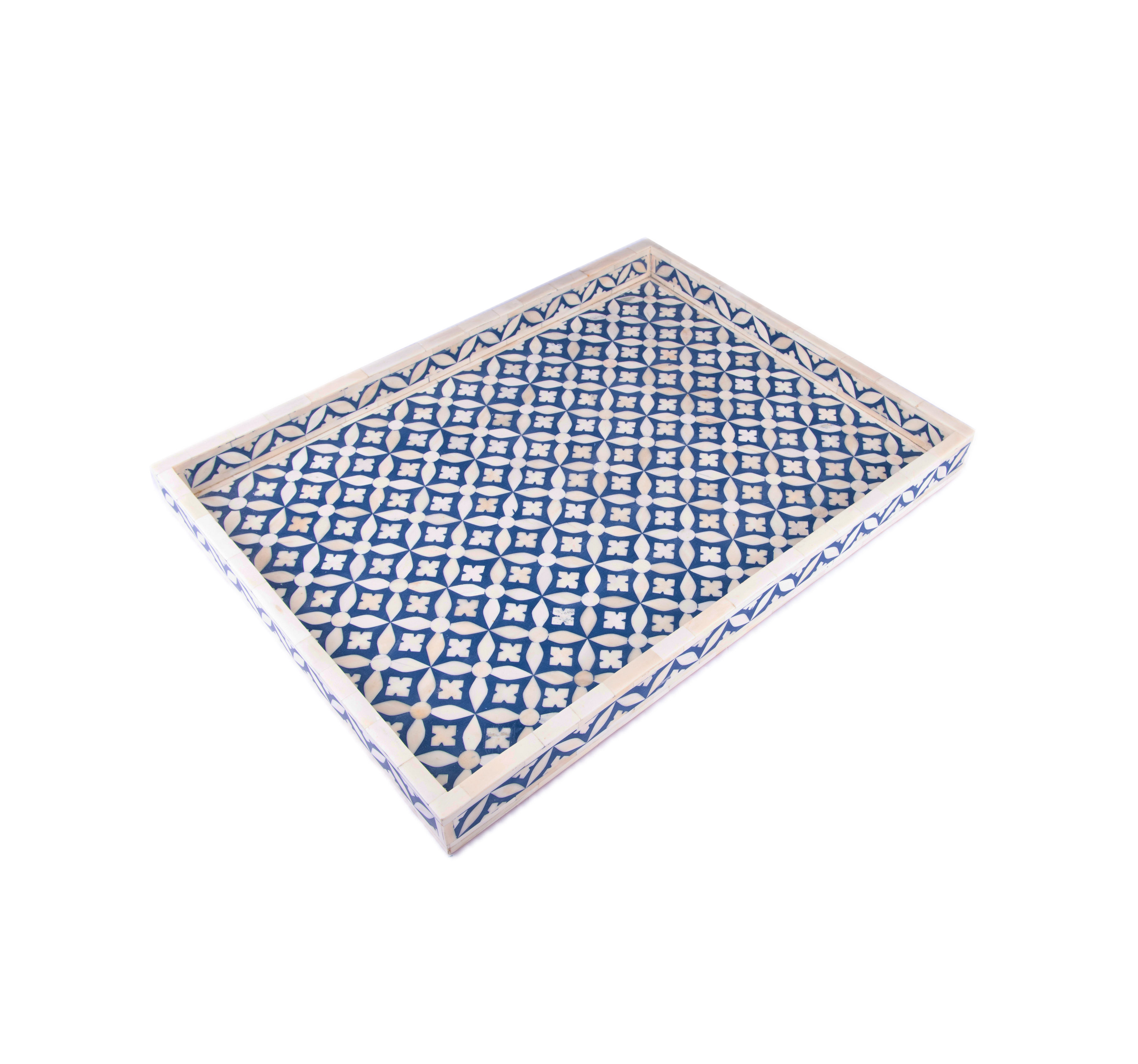 Bojay. Blue & White Decorative Tray in Bone & Wood. Large Size