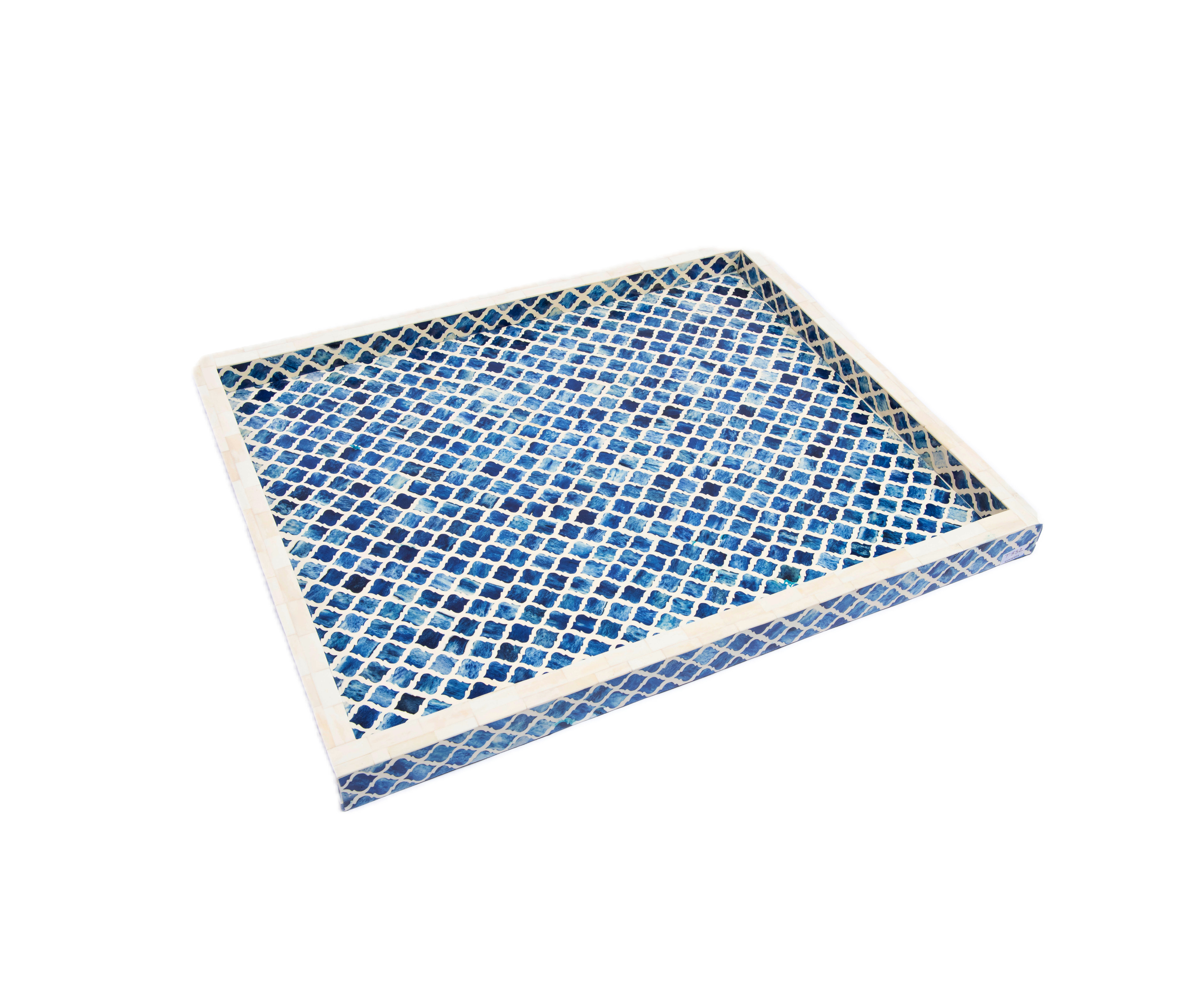 Bojay. Dark Blue Decorative Tray in Bone & Wood. Large Size