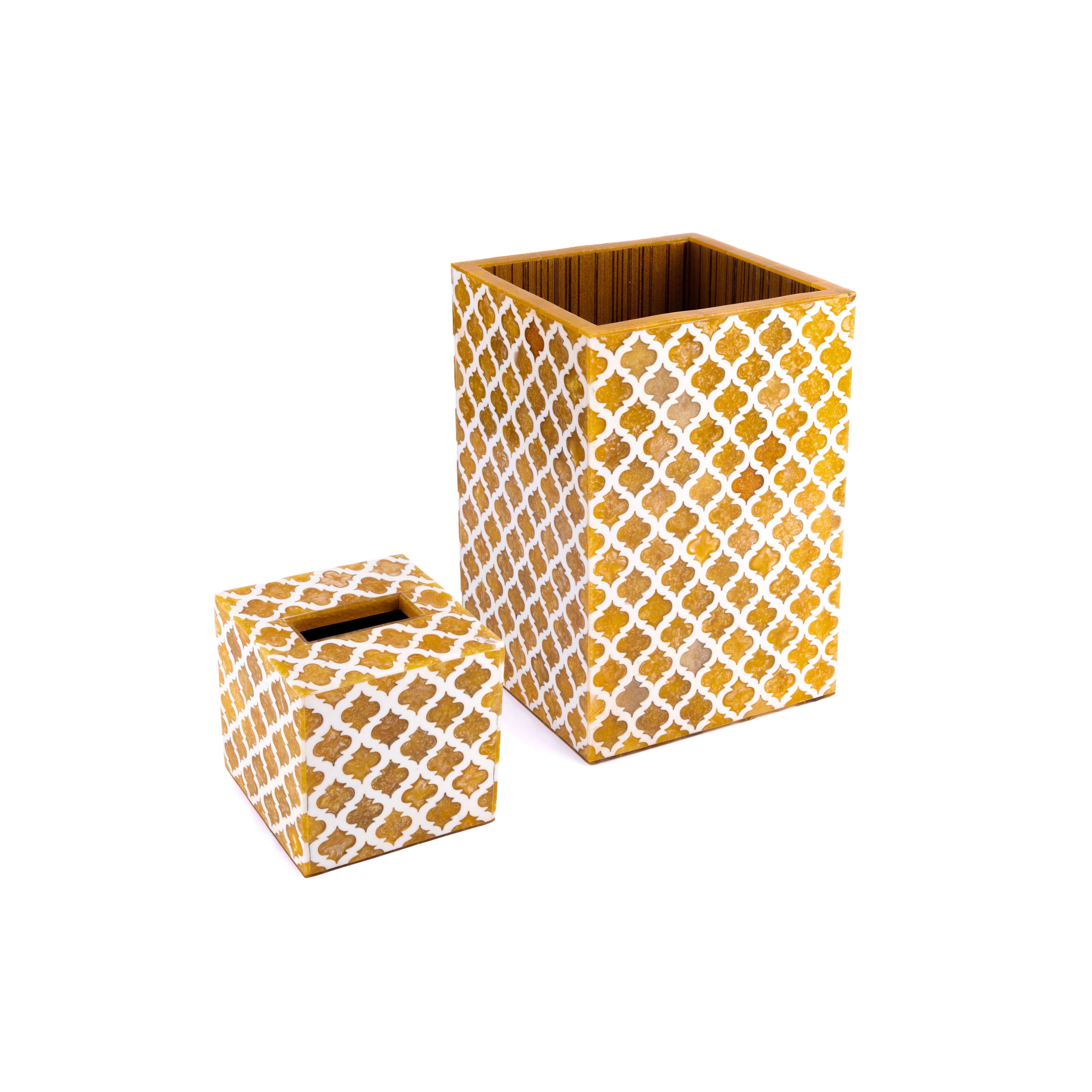 Bojay. A Set of Amber Tissue Box & Wastebasket in Bone & Wood