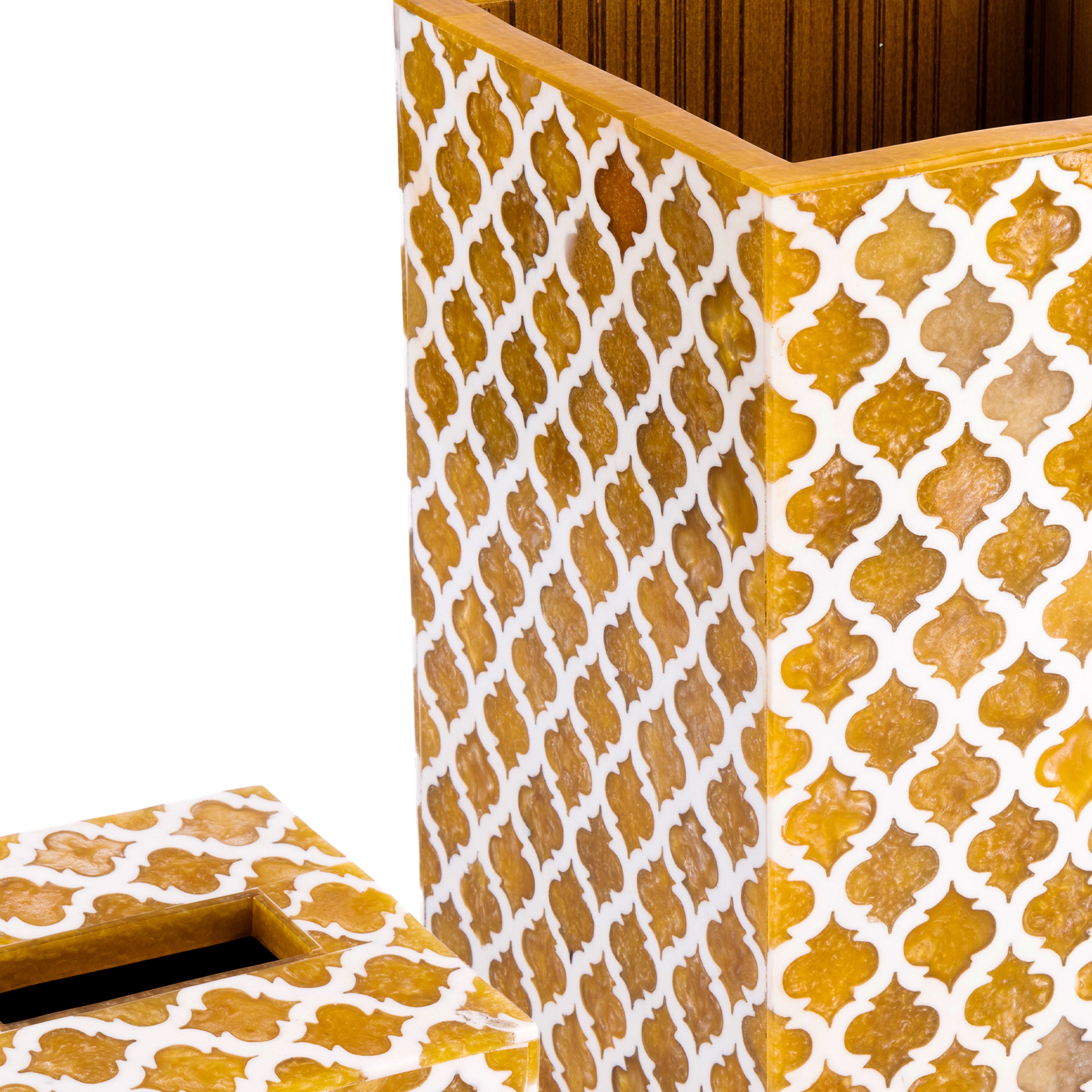 Bojay. A Set of Amber Tissue Box & Wastebasket in Bone & Wood