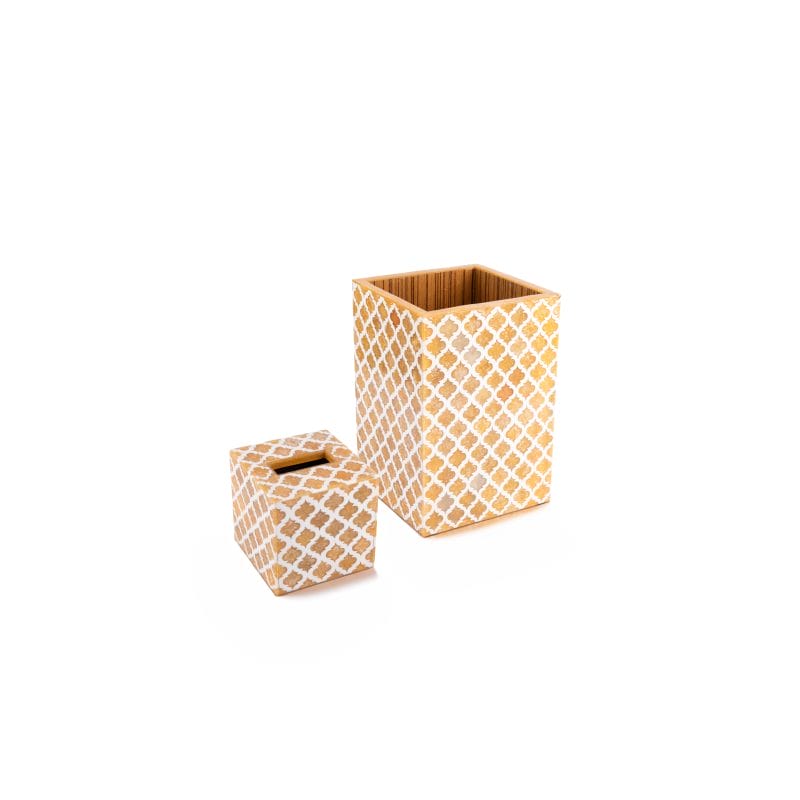 طقم من سلة مهملات وصندوق مناديل مصنوع من العاج والخشب باللون العنبري من بوجاي
