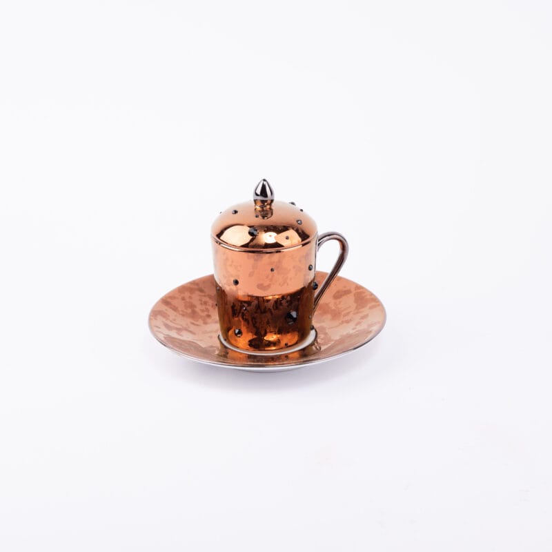 Design Sophie Villepigue. Set of 6 Turkish Coffee Cups with Saucers & Lids Studded with Swarovski