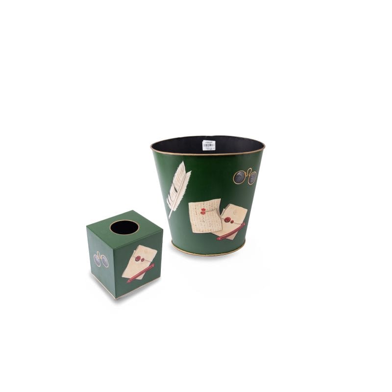 Hugo Russell & Company. A Set of Tissue Box & Wastebasket Featuring Vintage Office Accessories