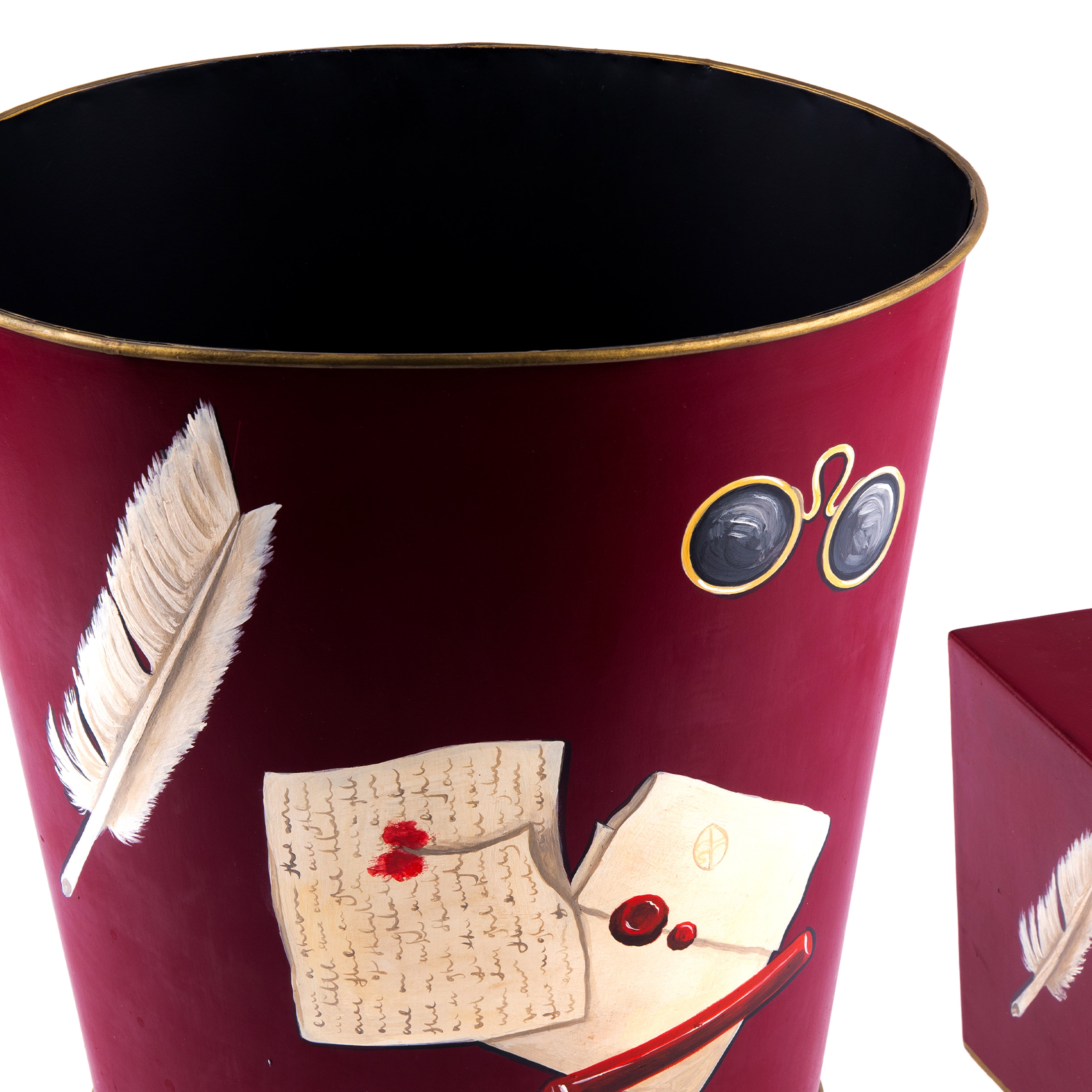 Hugo Russell & Company. A Set of Tissue Box & Wastebasket Featuring Vintage Office Accessories.