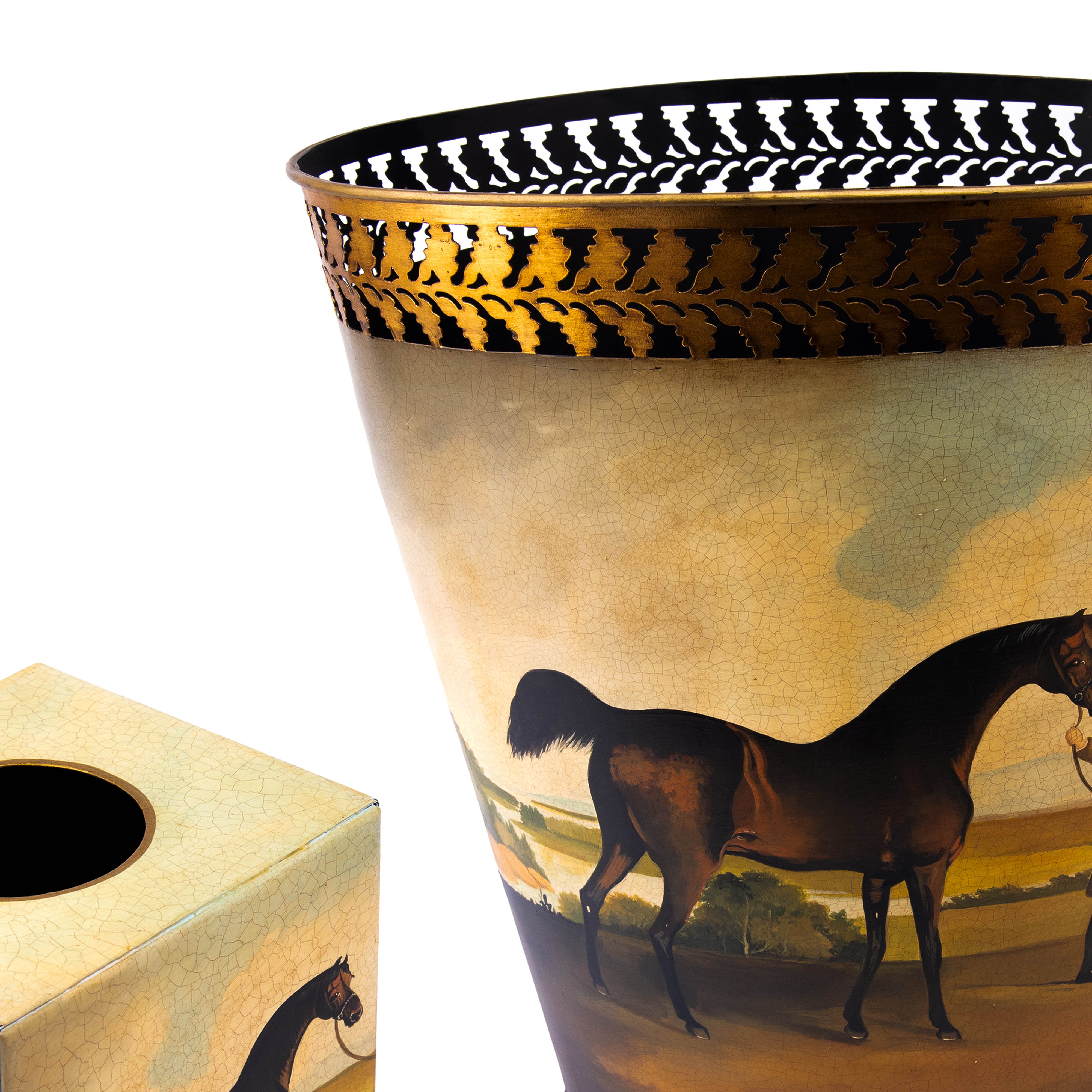 Hugo Russell & Company. A Set of Tissue Box & Wastebasket Featuring A Horse Design
