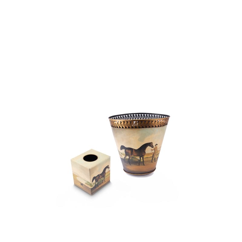 Hugo Russell & Company. A Set of Tissue Box & Wastebasket Featuring A Horse Design