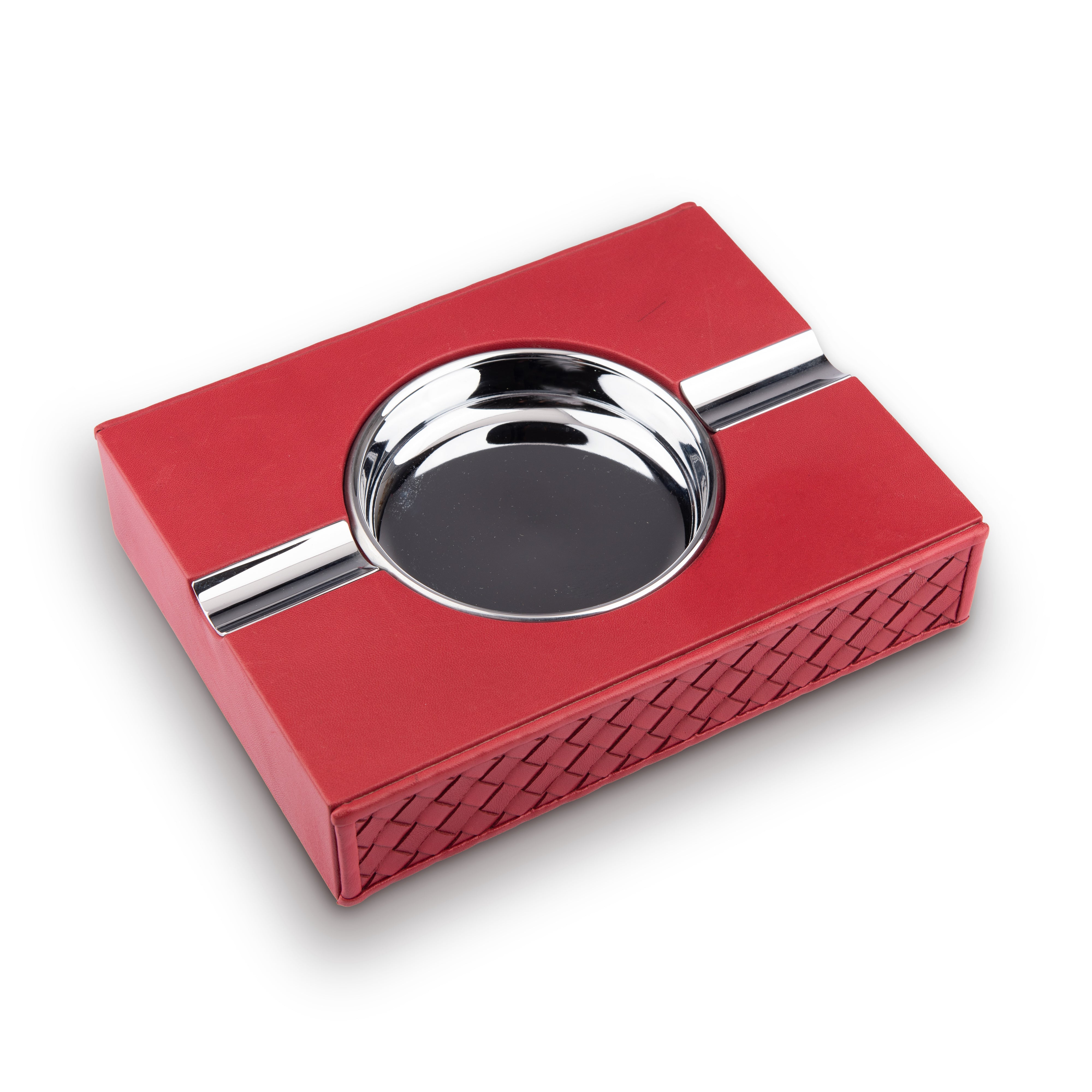 Riviere. Cigar Ashtray in Basketweave Leather. Red Colour
