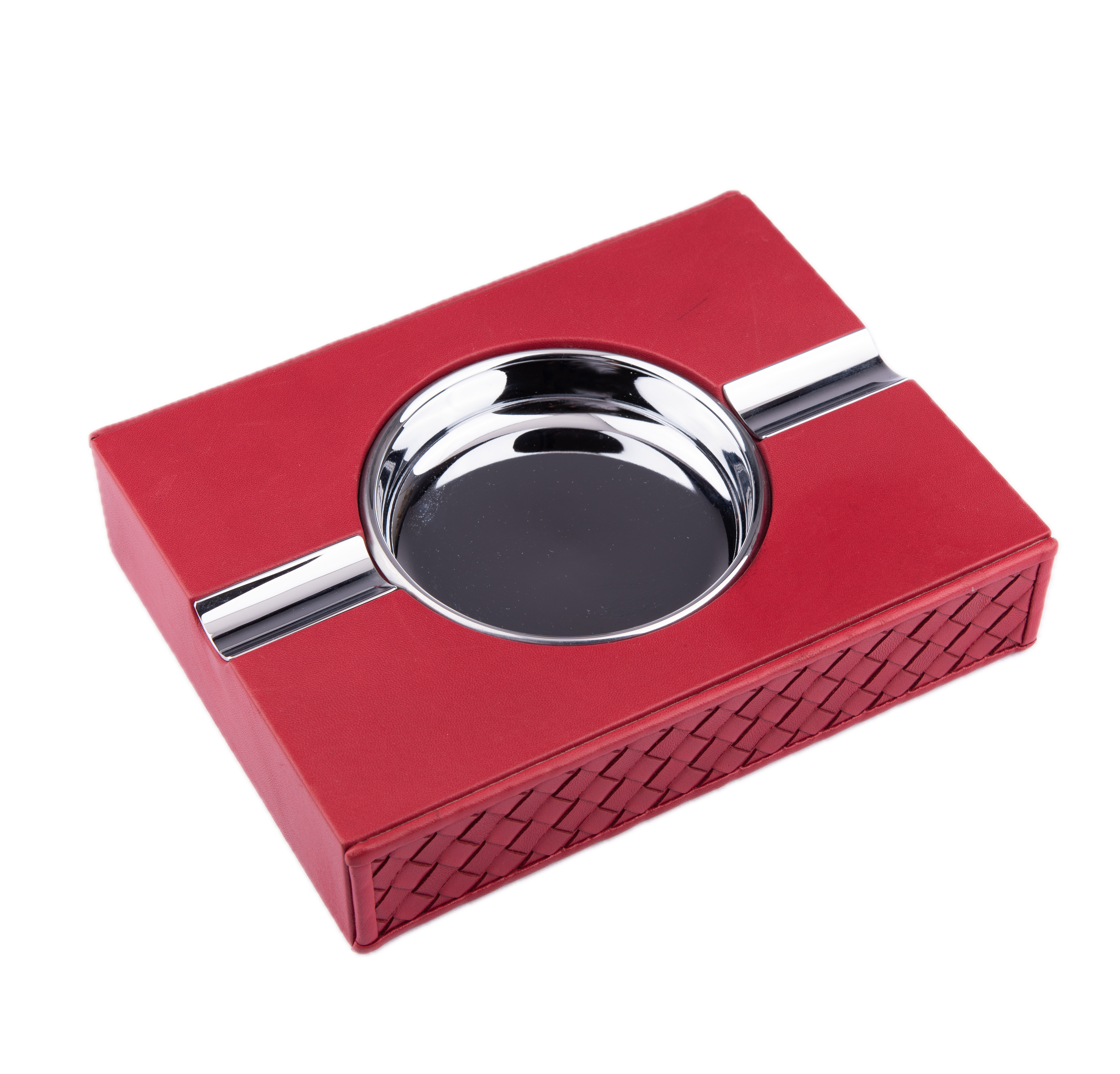 Riviere. Cigar Ashtray in Basketweave Leather. Red Colour
