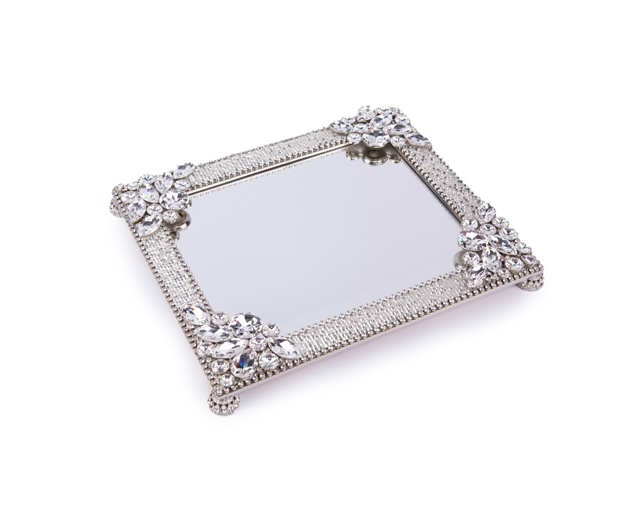Thorson Hosier. Laurel Silver Mirror Tray Studded with Swarovski Crystals