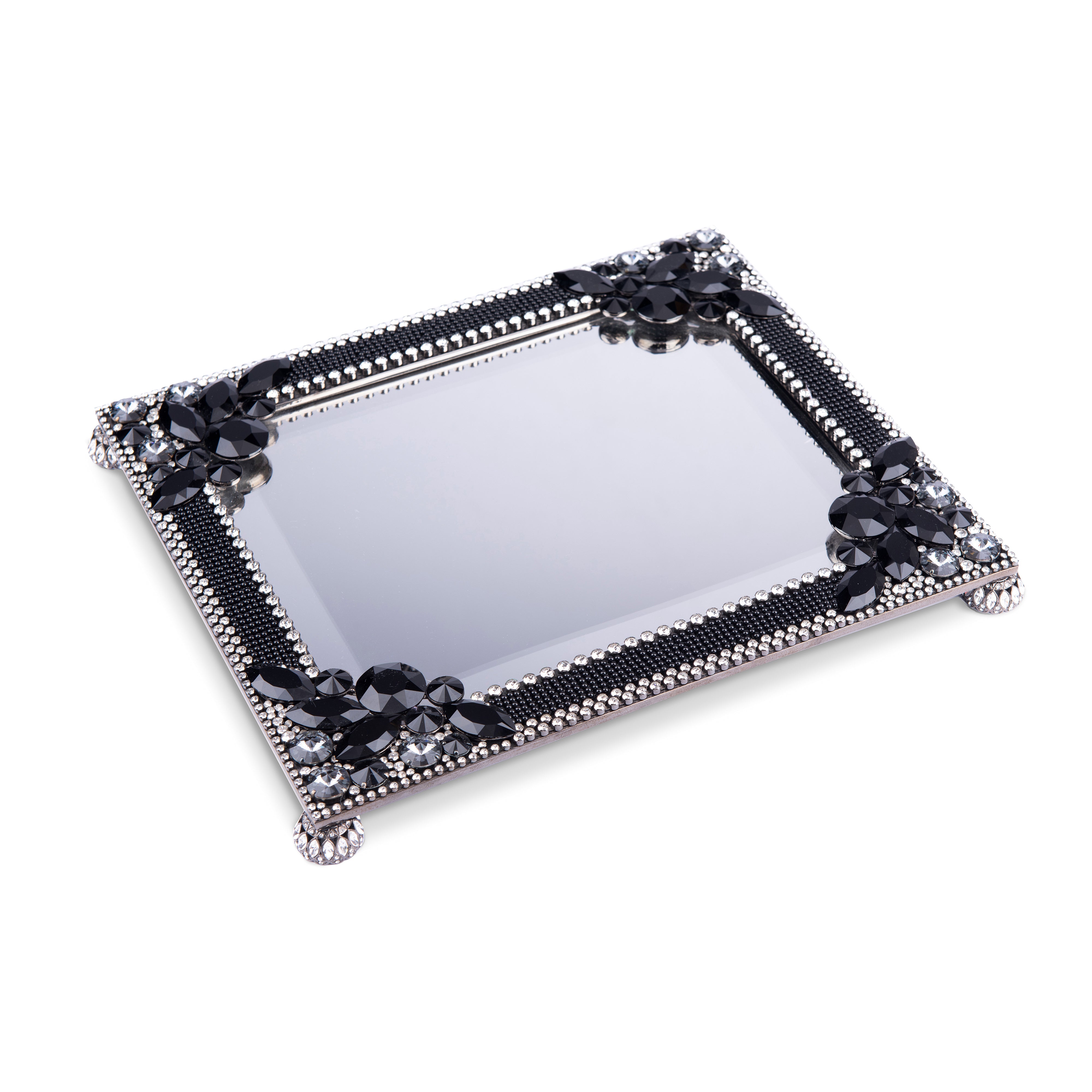 Thorson Hosier. Laurel Black Mirror Tray Studded with Swarovski Crystals