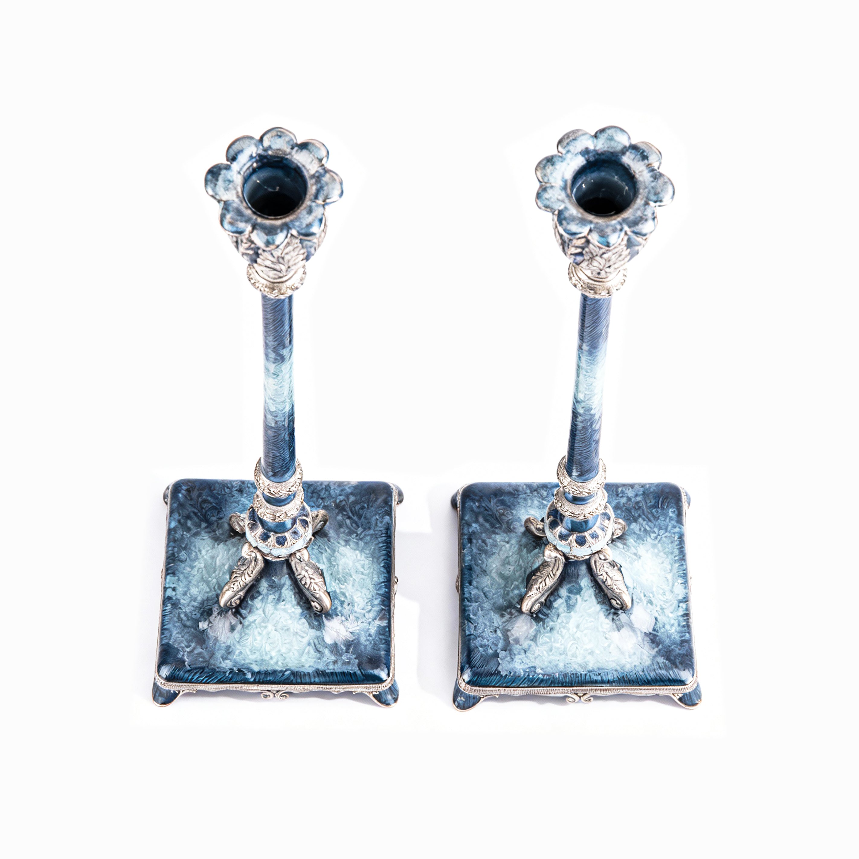 Quest Gifts & Design. A Pair of Blue Silver Baroque Candle Holders