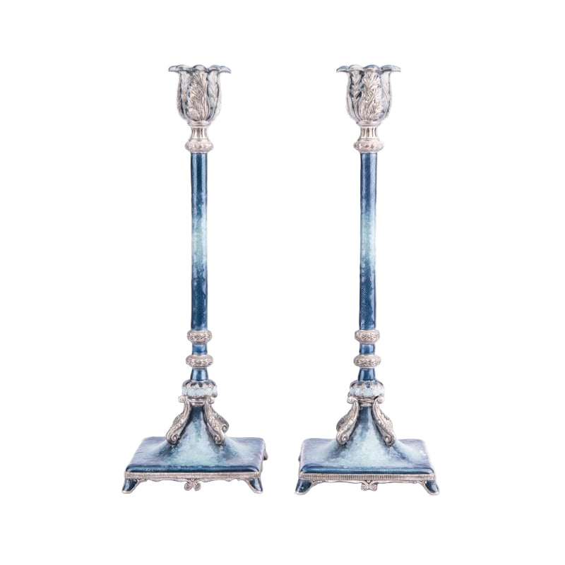 Quest Gifts & Design. A Pair of Blue Silver Baroque Candle Holders
