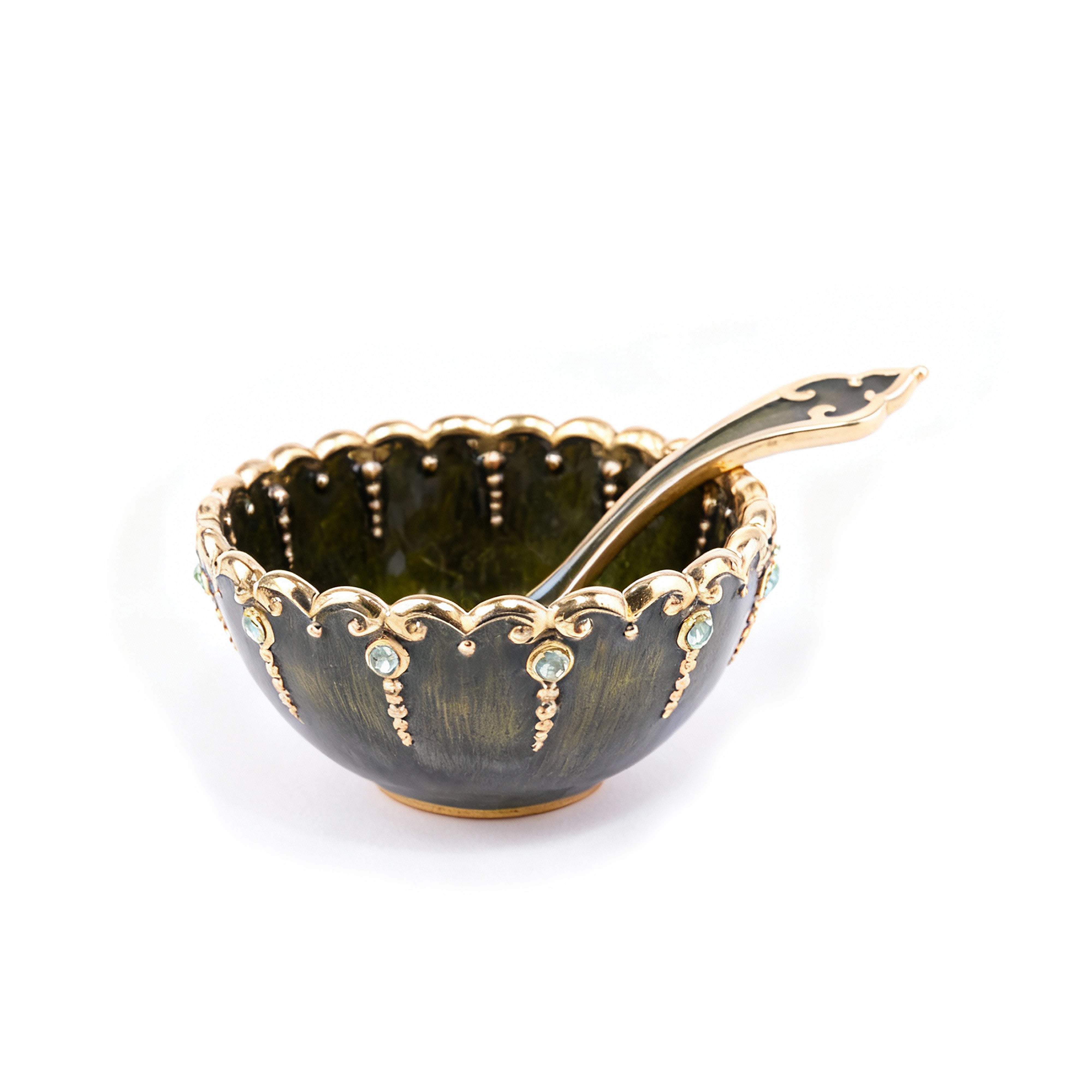 Quest Collection. Hand Painted Decorative Bowl With Mini Spoon Studded with Swarovski. Small Size