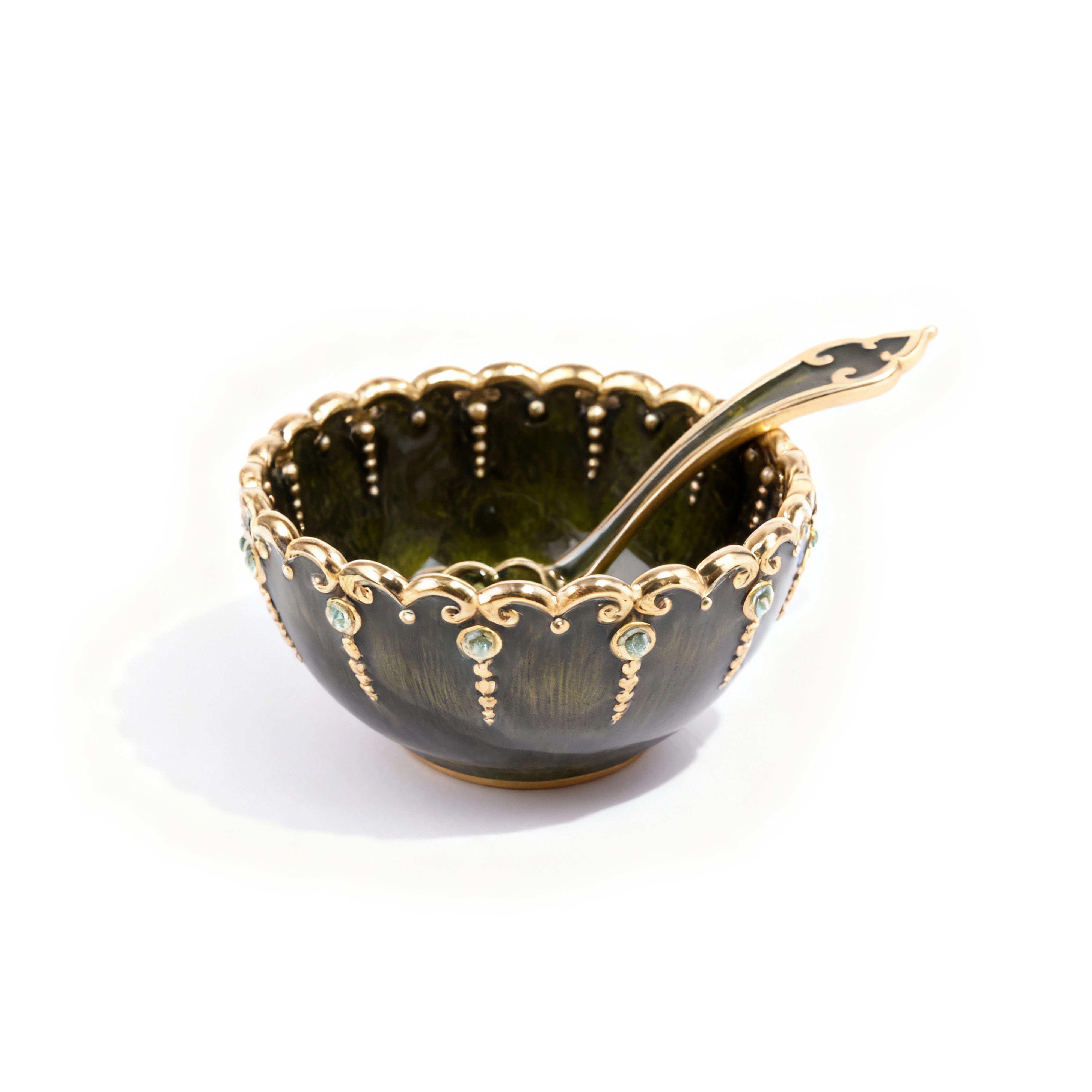 Quest Collection. Hand Painted Decorative Bowl With Mini Spoon Studded with Swarovski. Small Size